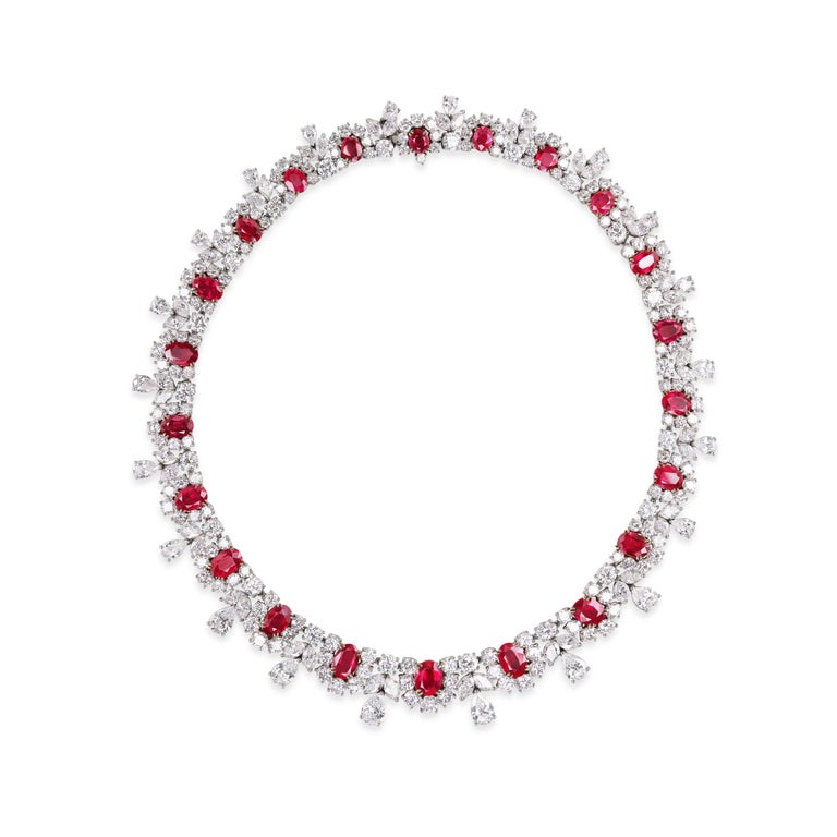 Burma Ruby and Diamond Cluster Necklace Platinum and 18K Gold For Sale ...