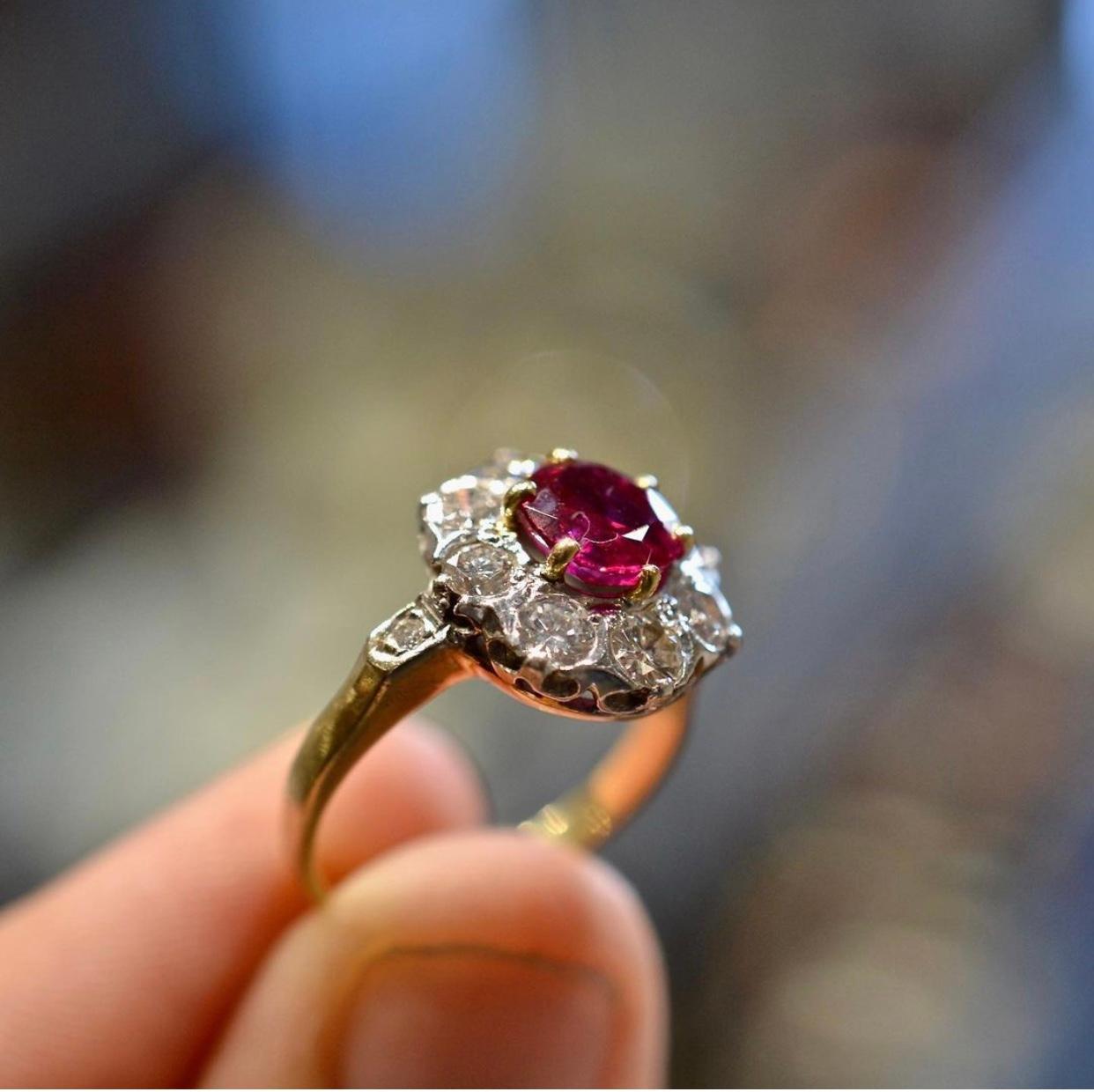 Art Deco Burma Ruby and Diamond Cluster Ring For Sale