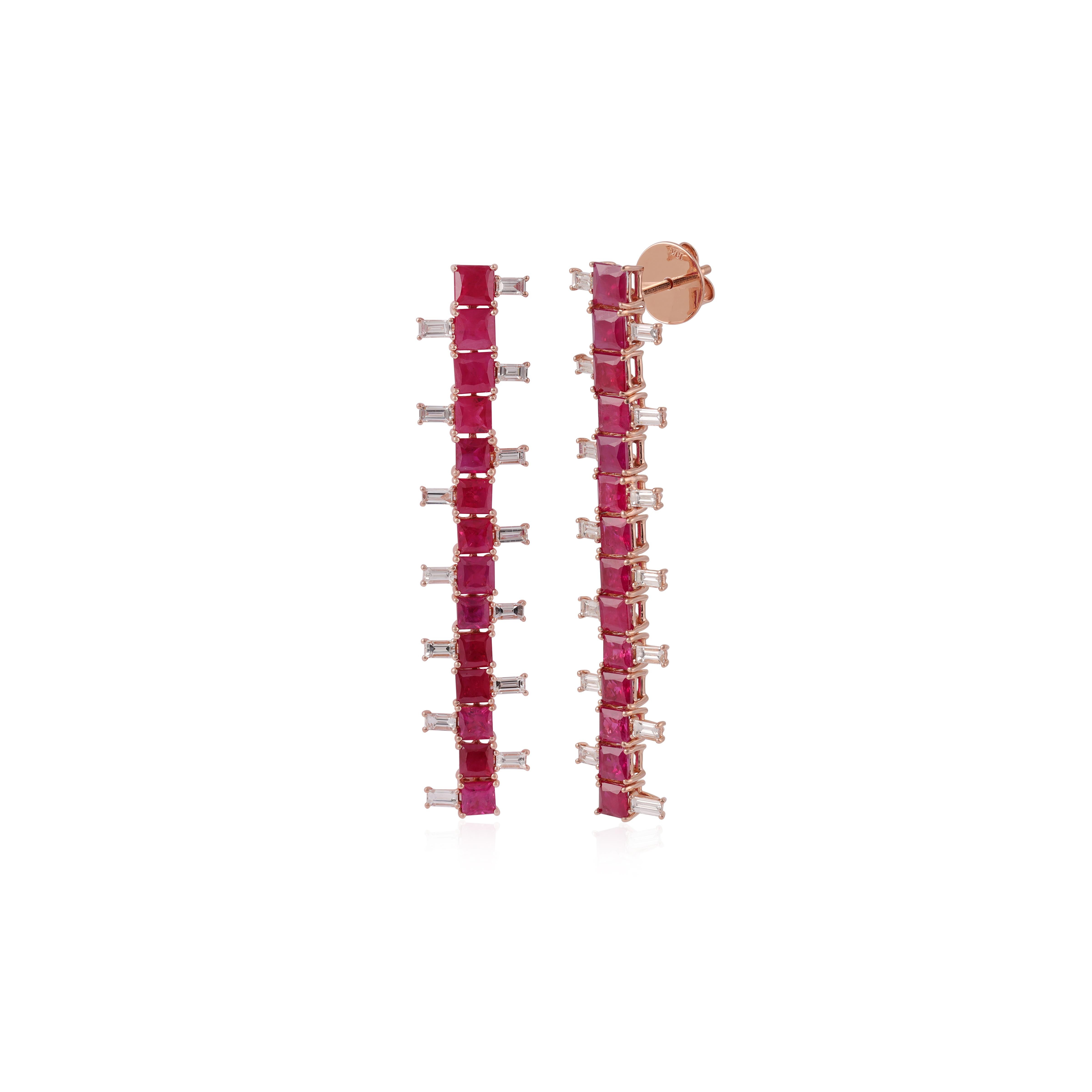 Contemporary Burma Ruby and Diamond Earrings Studded in 18 Karat Rose & White Gold For Sale