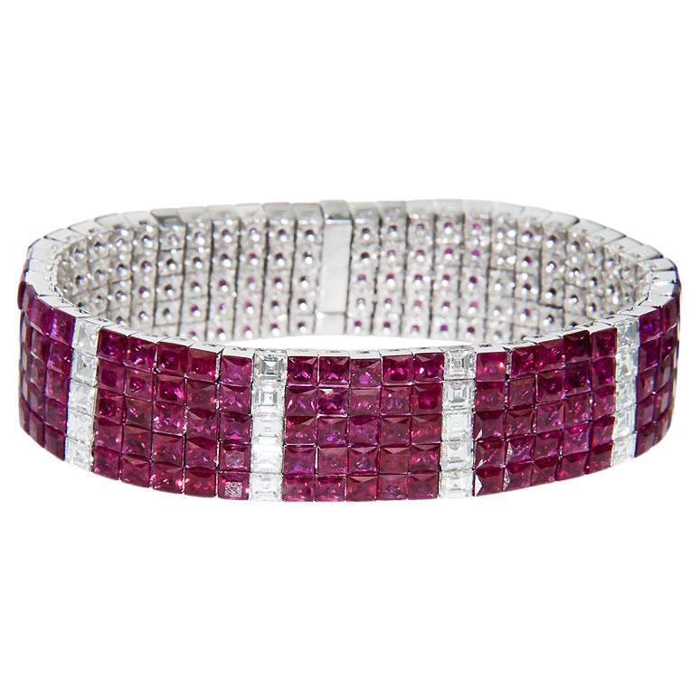 Burma Ruby and Diamond Invisible Set Bracelet For Sale