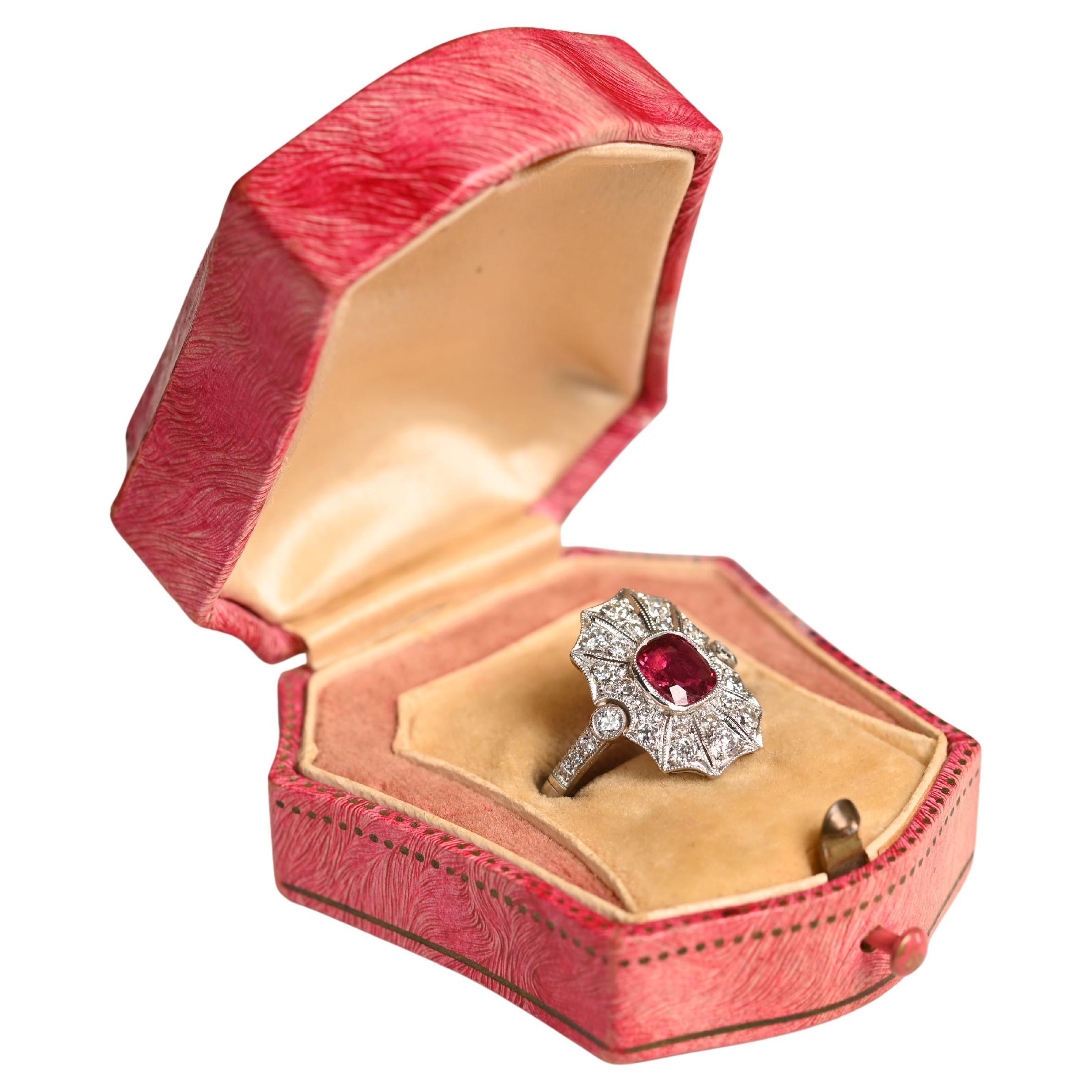 Natural Burmese Ruby Diamond Ring. 0.9ct Cushion Cut Ruby FIligree Ring Platinum For Sale