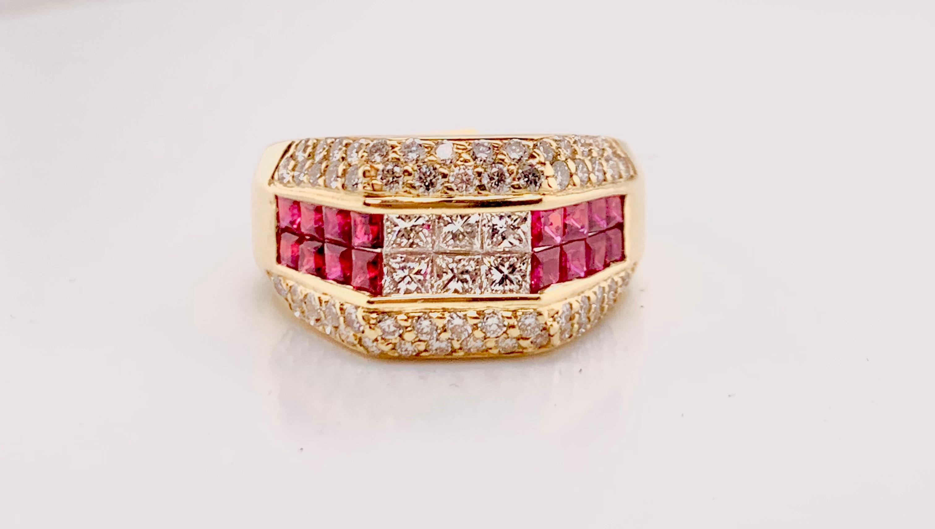 Beautiful Burma Ruby and Diamond Ring 

Stones: Burma Ruby
Stone Shape: Princess Cut
Stone Carat: 1.20 Carat
Stones: Diamonds 
Stone Shape: Princess and Round Cut 
Stone Weight: 1.25 Carat 
Ring Dimensions: 11.7x19MM 
Material: 18K Yellow Gold