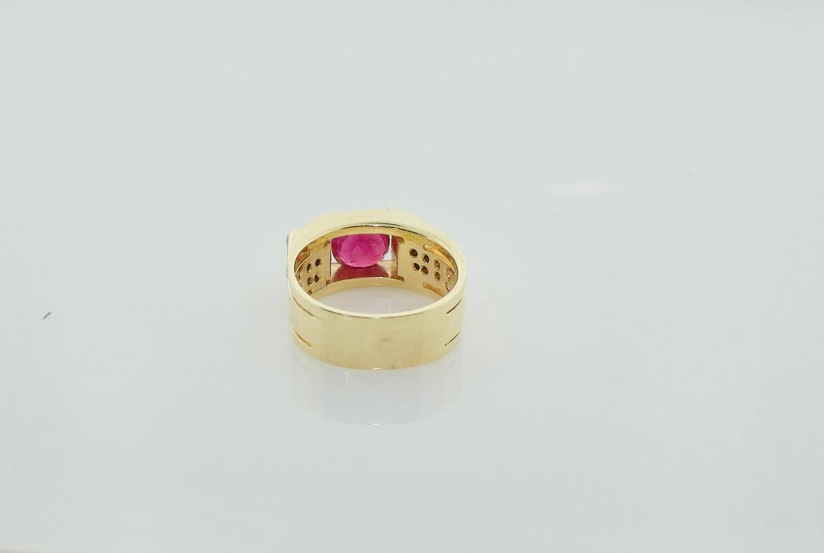 Cushion Cut Burma Ruby and Diamond Ring in 14 Karat Yellow Gold For Sale