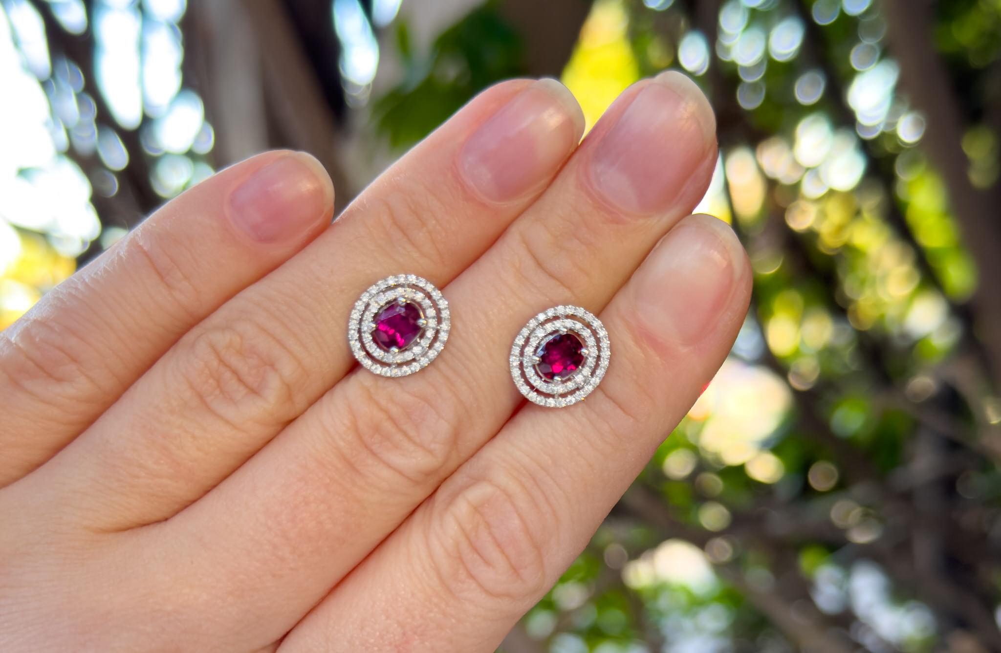 Contemporary Burma Ruby and Diamond Stud Earrings 3.28 Carats Total 18k White Gold For Sale