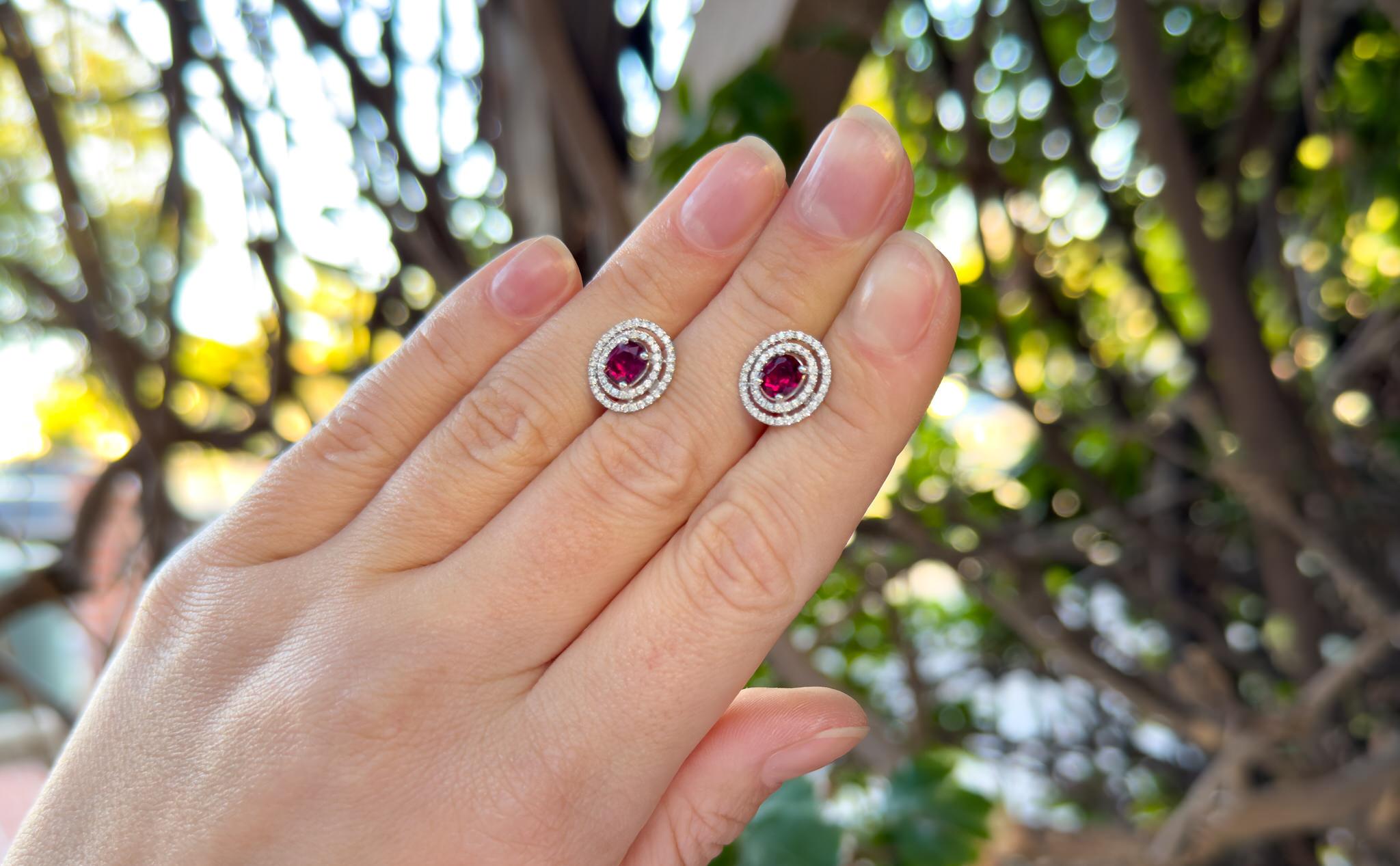 Oval Cut Burma Ruby and Diamond Stud Earrings 3.28 Carats Total 18k White Gold For Sale
