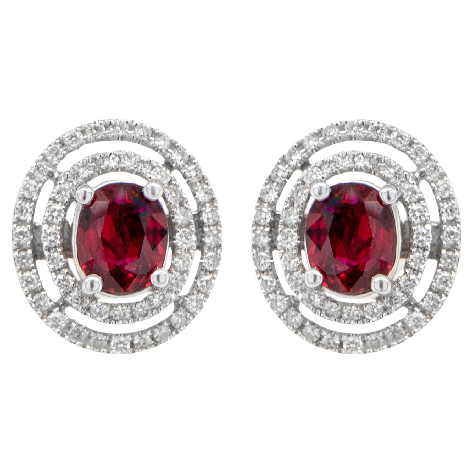 Burma Ruby and Diamond Stud Earrings 3.28 Carats Total 18k White Gold For Sale
