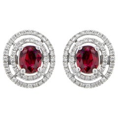 Burma Ruby and Diamond Stud Earrings 3.28 Carats Total 18k White Gold