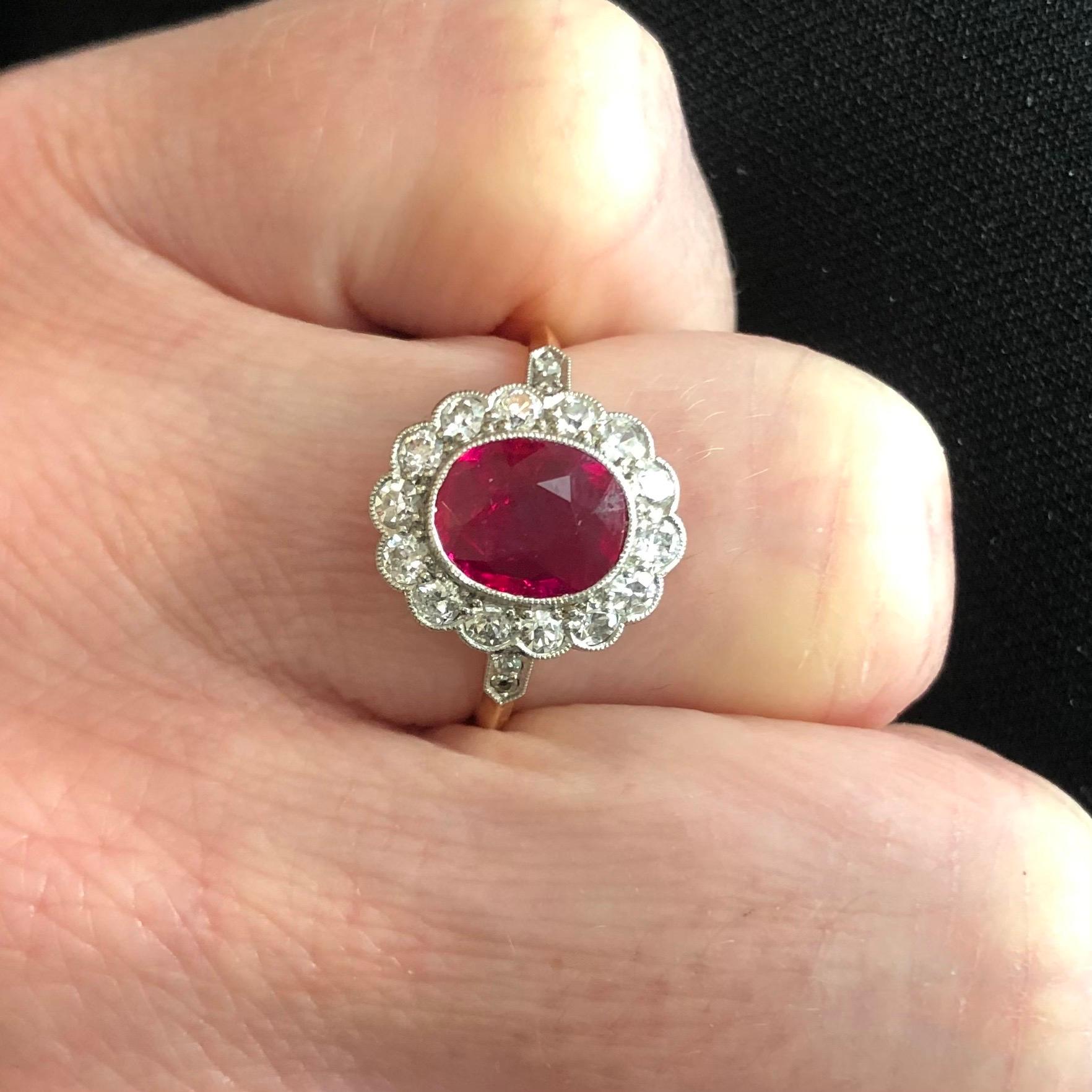 Oval Cut Burma Ruby and Diamonds Rose Gold Platinum Ring, circa 1910 For Sale