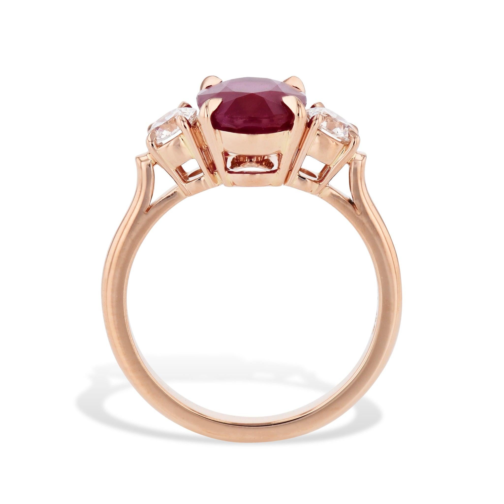 An exquisite heirloom, this handcrafted 18kt. rose gold ring features a dazzling 3.05ct Burma ruby with round diamonds on each side. The perfect symbol of commitment, it's certified by GIA and part of the H&H Collection. Size 6.75.
Burma Ruby and