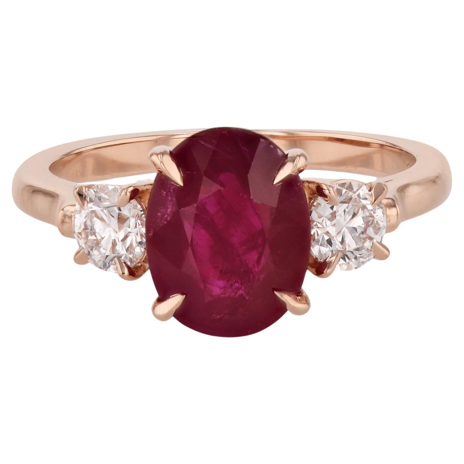 Burma Ruby and Round Diamond Rose Gold Ring For Sale