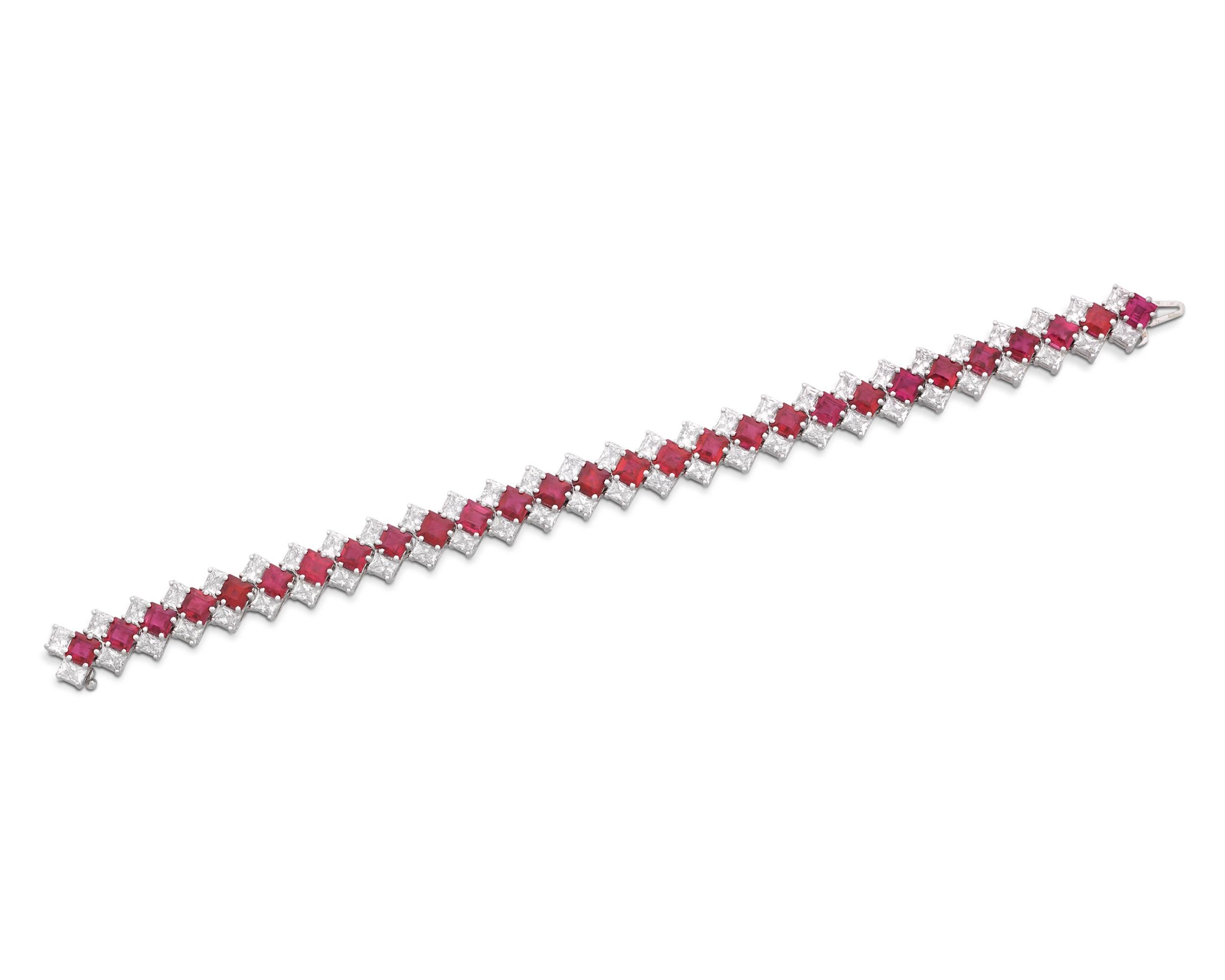 Lush red Burma rubies totaling 16.80 carats alternate with white diamonds in this luxurious bracelet. Rubies hailing from the mines of Burma are among the rarest and most coveted in the world, with the most prized examples displaying a rich crimson
