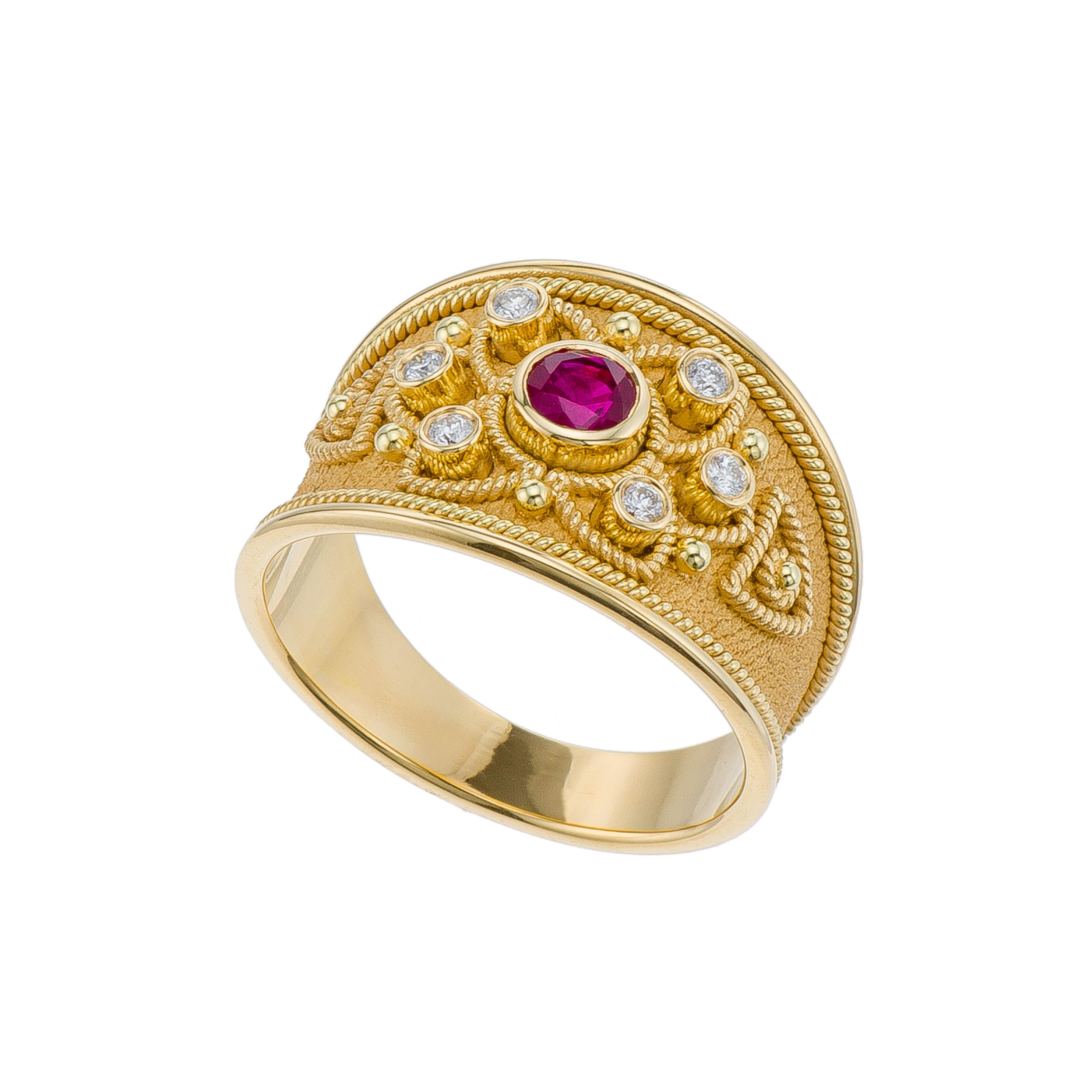 Round Cut Burma Ruby Byzantine Gold Ring with Diamonds For Sale