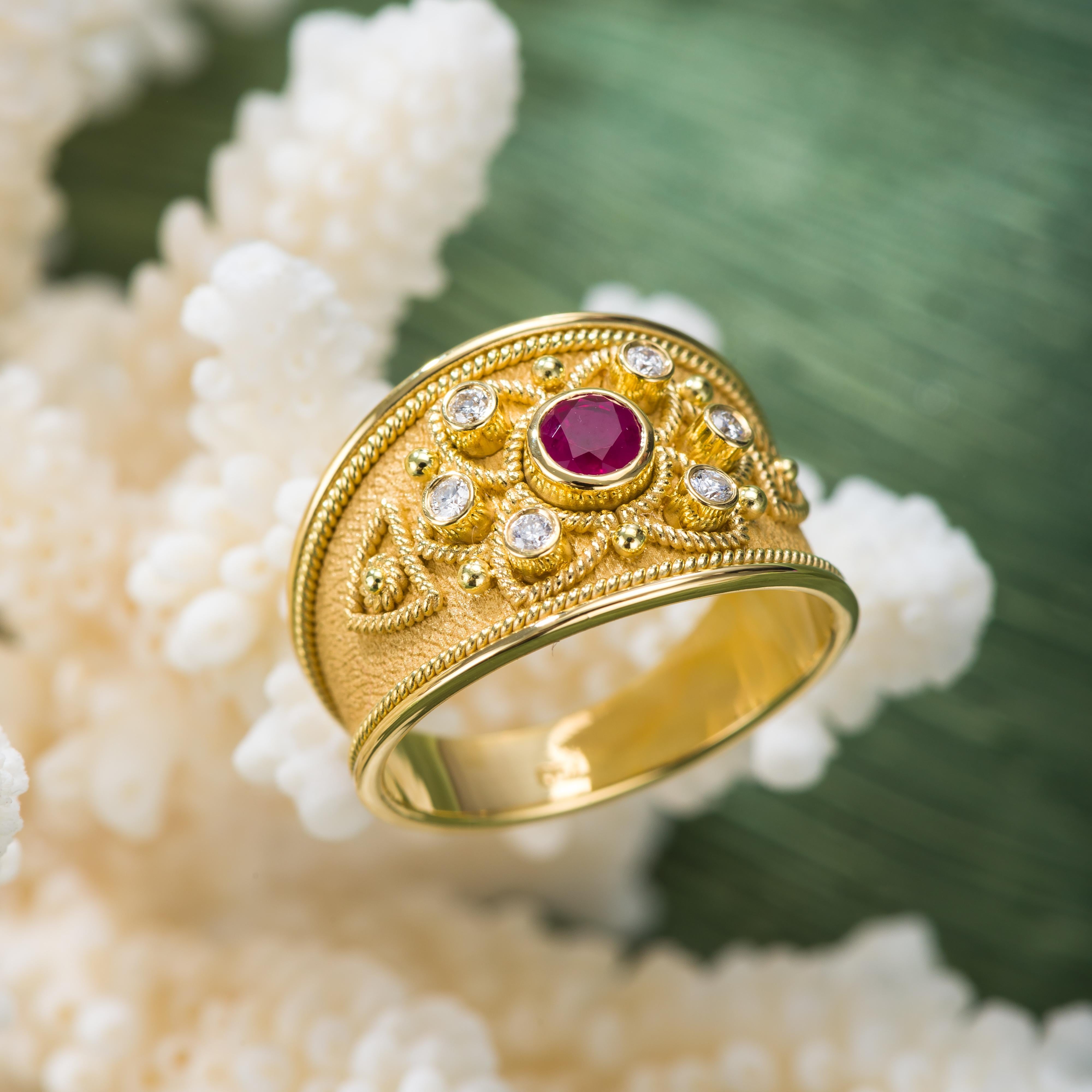 Burma Ruby Byzantine Gold Ring with Diamonds In New Condition For Sale In Athens, GR