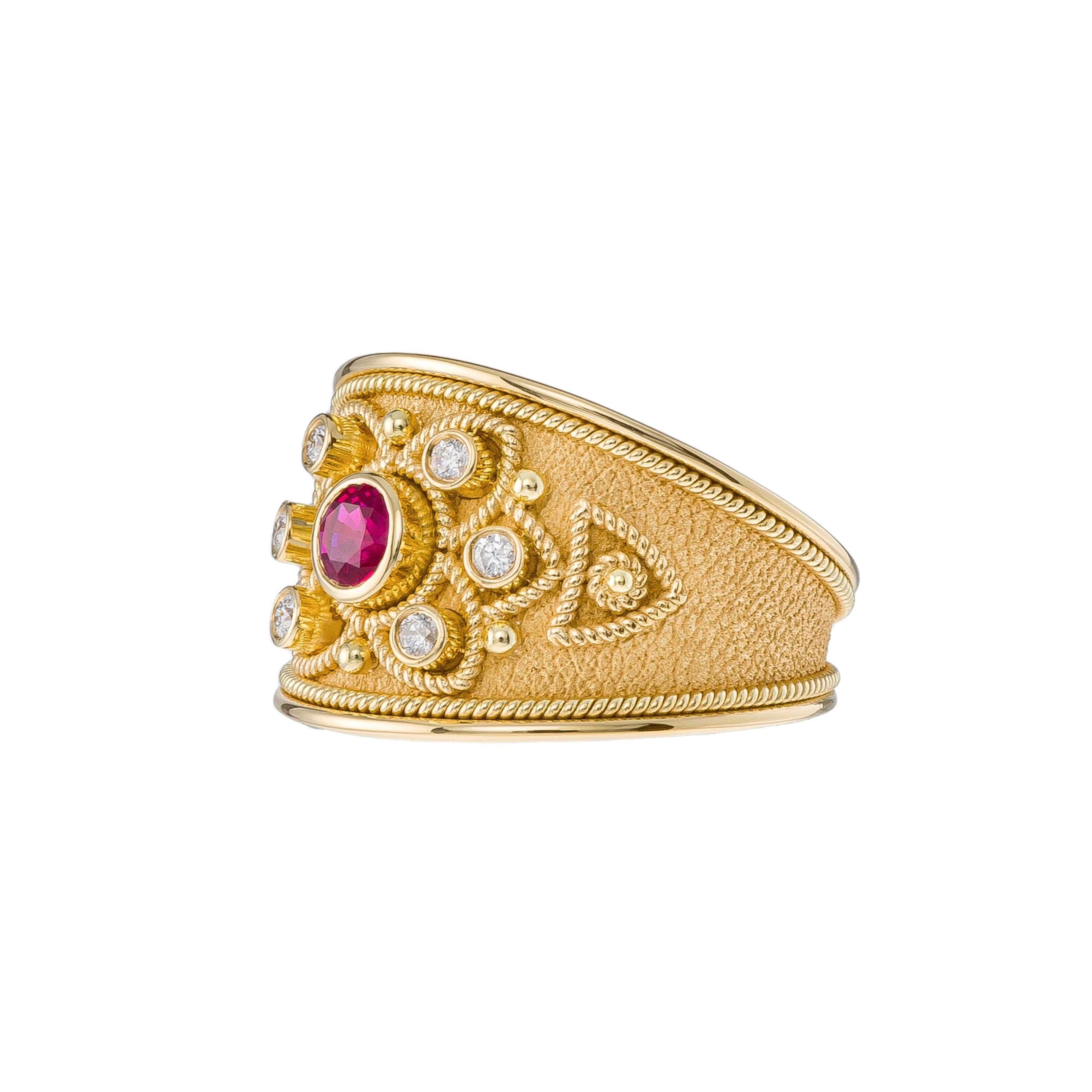 Women's Burma Ruby Byzantine Gold Ring with Diamonds For Sale