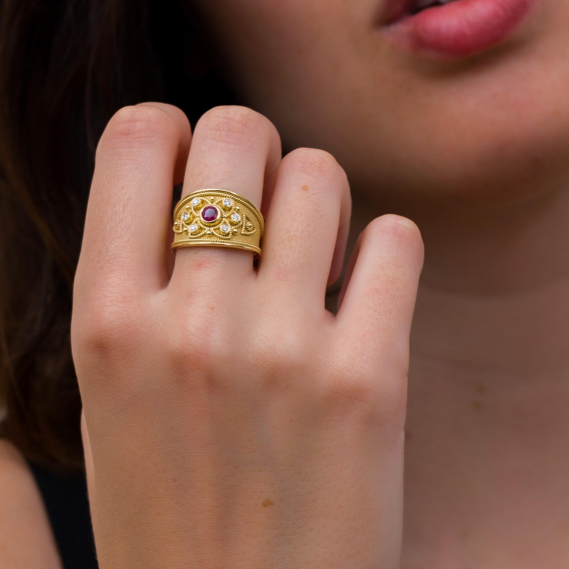 Burma Ruby Byzantine Gold Ring with Diamonds For Sale 1