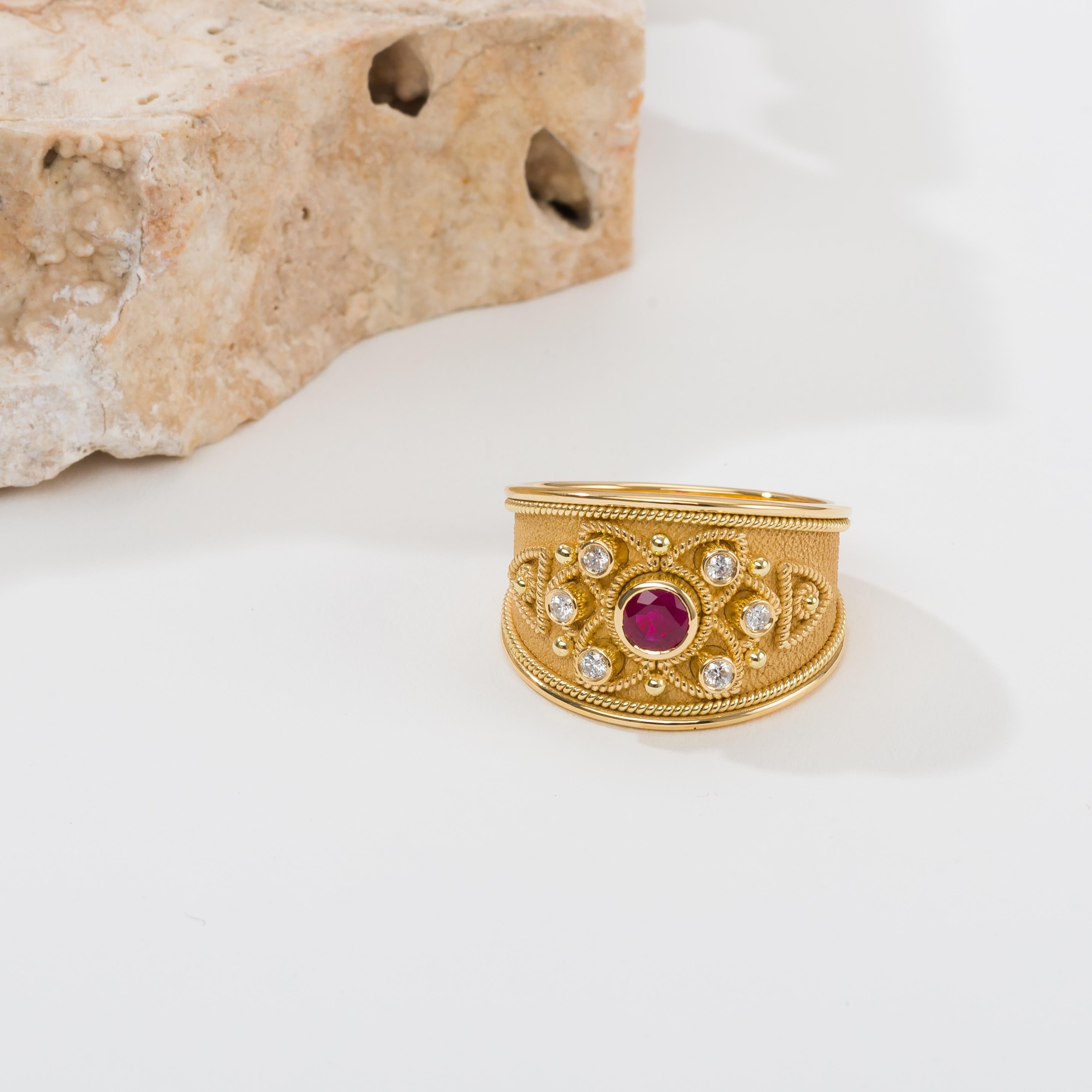 Burma Ruby Byzantine Gold Ring with Diamonds For Sale 2