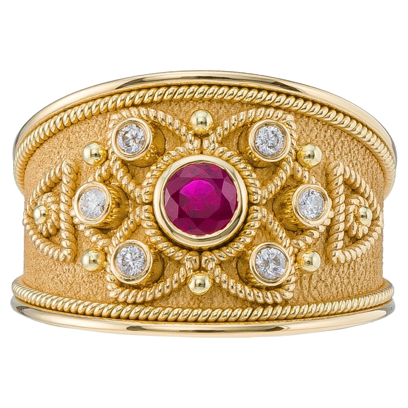 Burma Ruby Byzantine Gold Ring with Diamonds For Sale