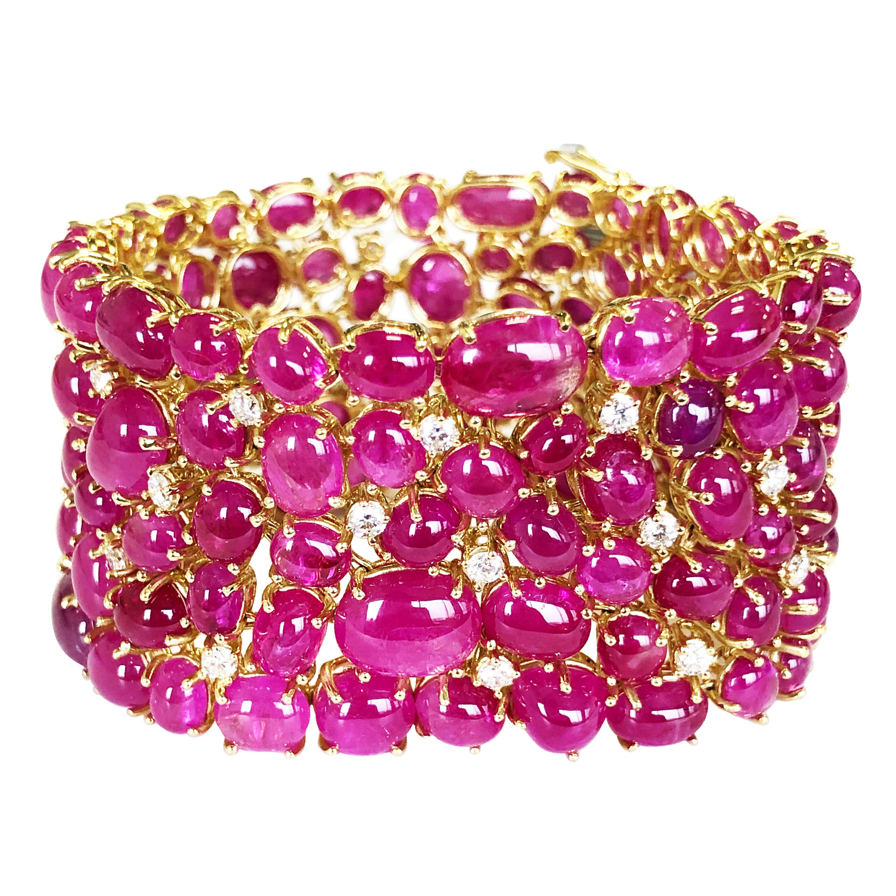 Burma Ruby Cabochon and White Diamond Cluster Bracelet in 18 Karat Yellow Gold For Sale