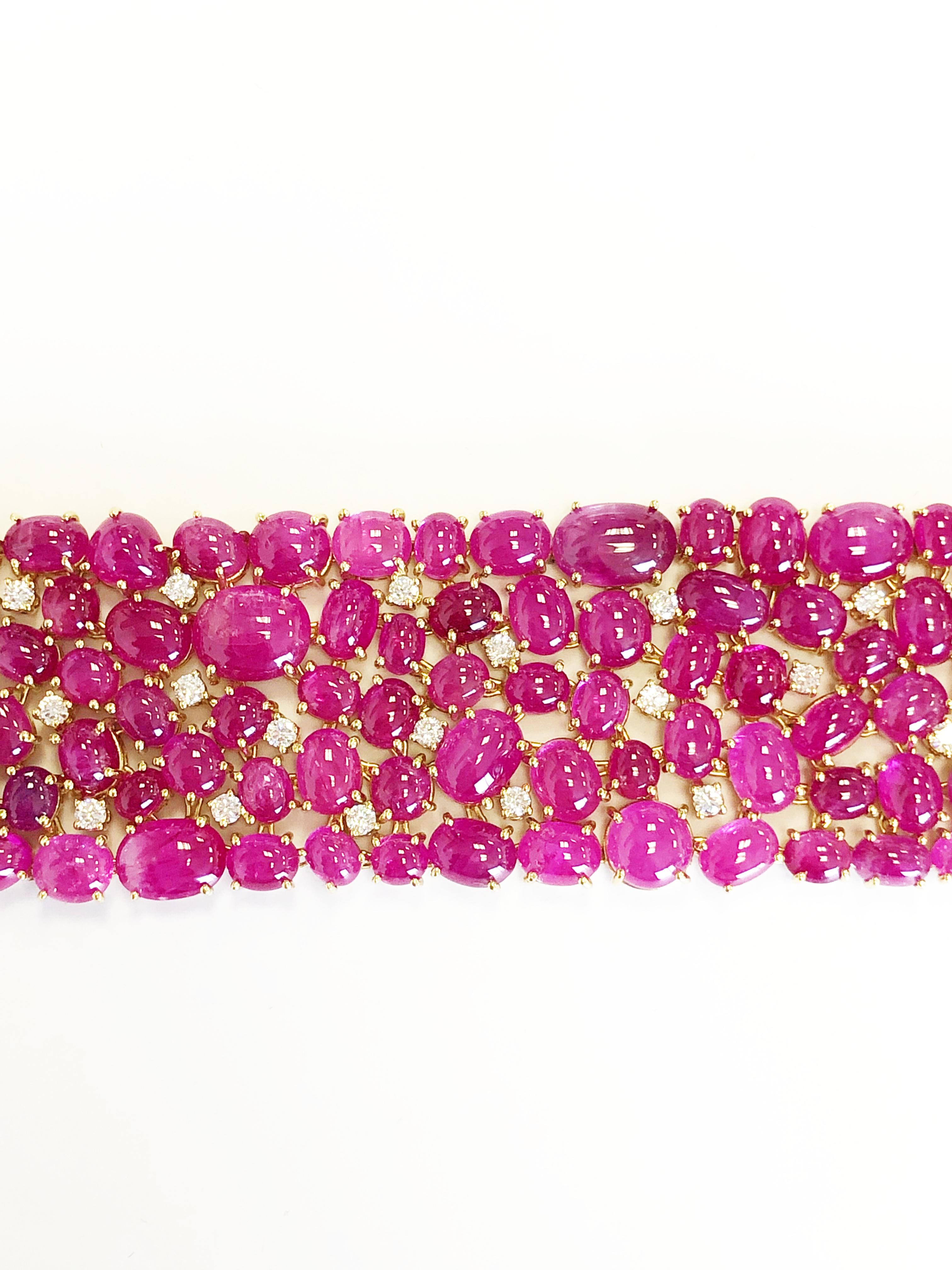 Oval Cut Burma Ruby Cabochon and White Diamond Cluster Bracelet in 18 Karat Yellow Gold For Sale