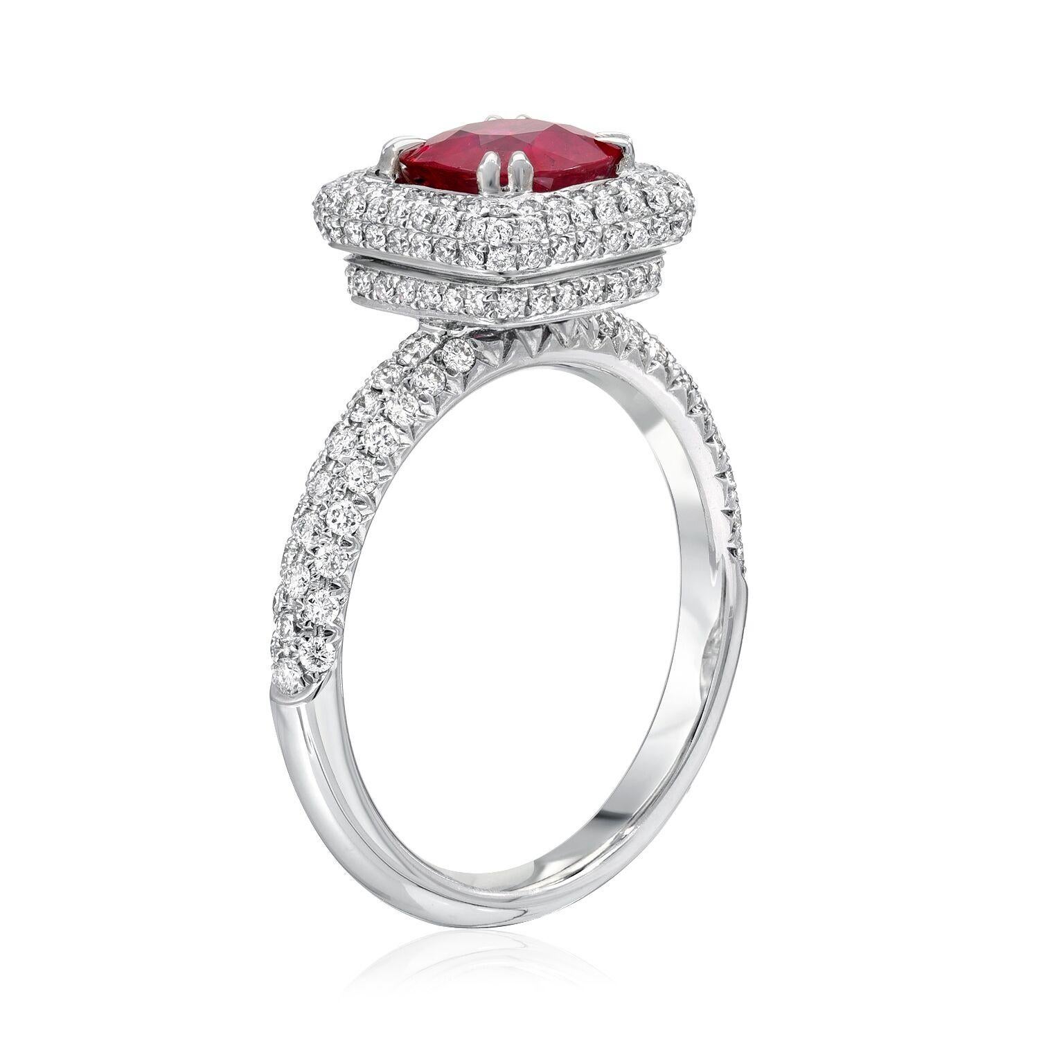 Burmese Ruby cushion cut weighing a total of 1.28 carats is set in this marvelous 0.77 carat total, micro pave diamond, 18K white gold engagement ring or cocktail ring. 
Size 7. Re-sizing is complimentary upon request.
Returns are accepted and paid