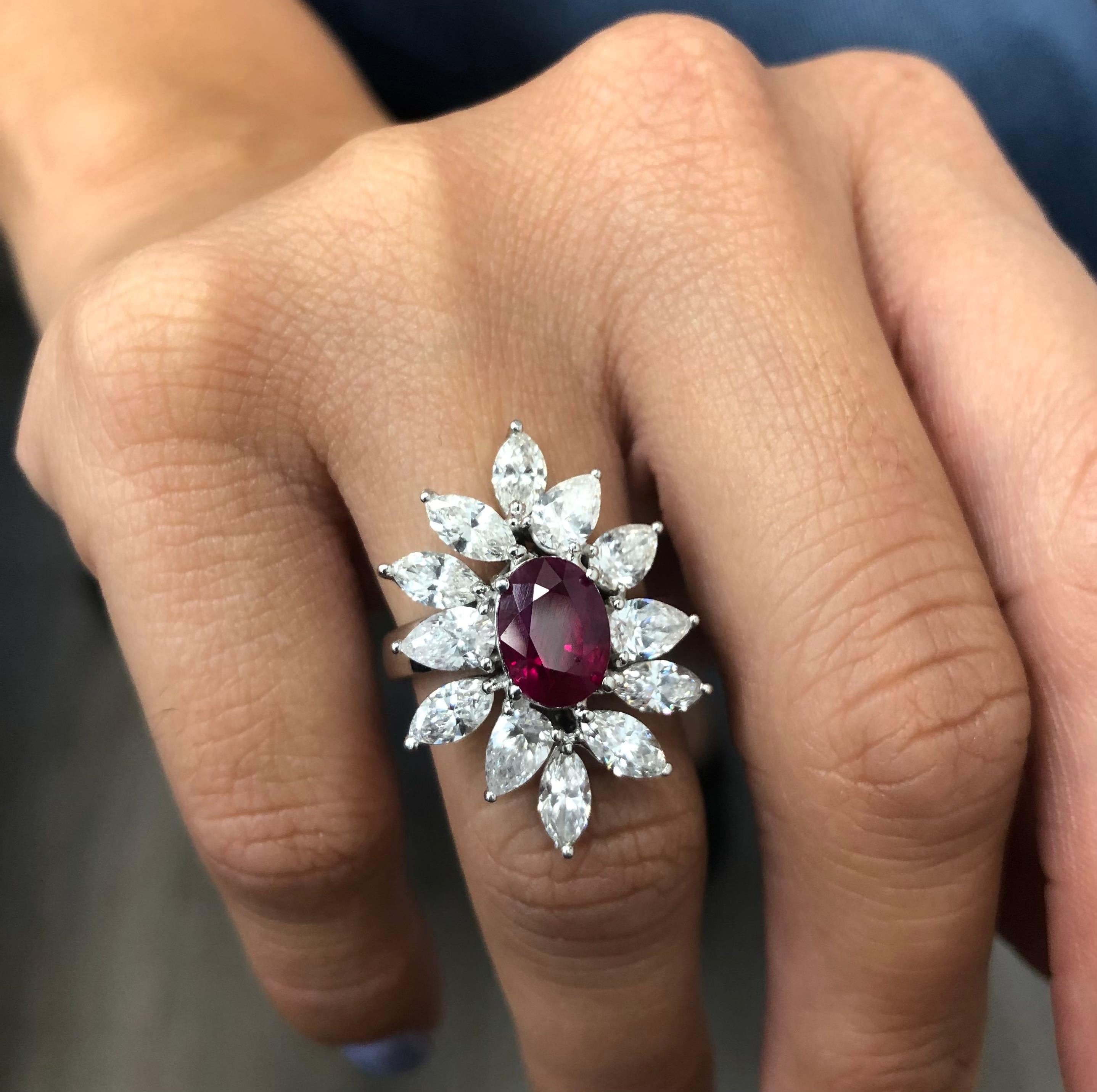 Burma Ruby & Diamond 18k White Gold Cocktail Ring In Excellent Condition In MIAMI, FL