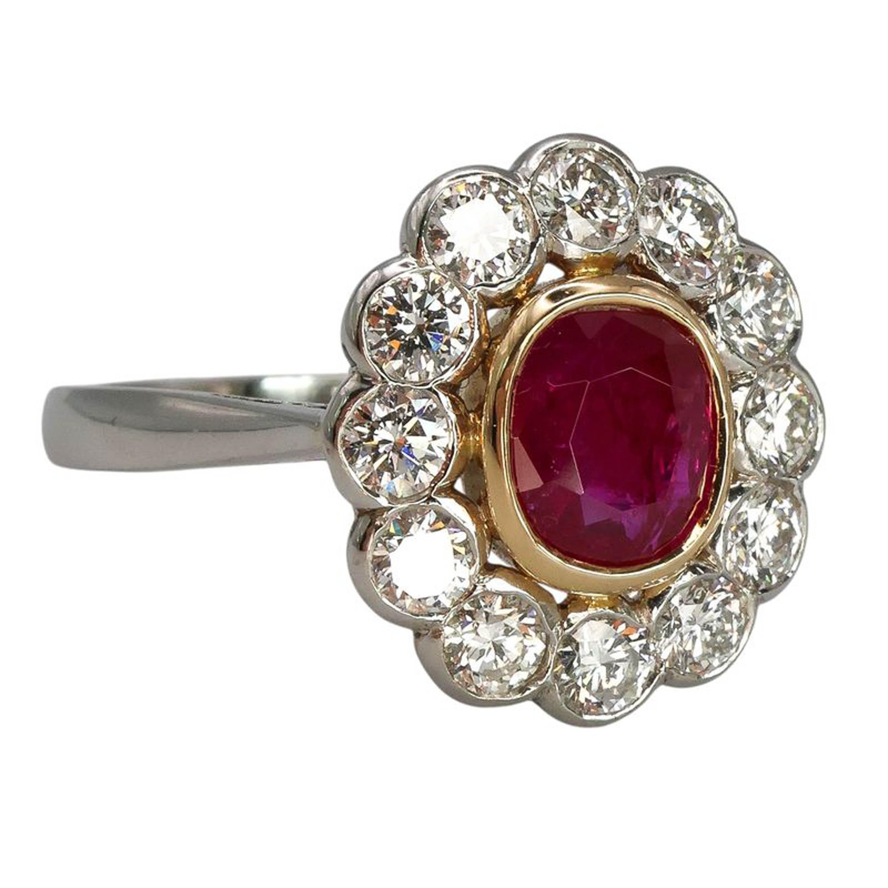 Modern Burma Ruby, Diamond and Platinum Cluster Ring, 0.97 Carats For Sale