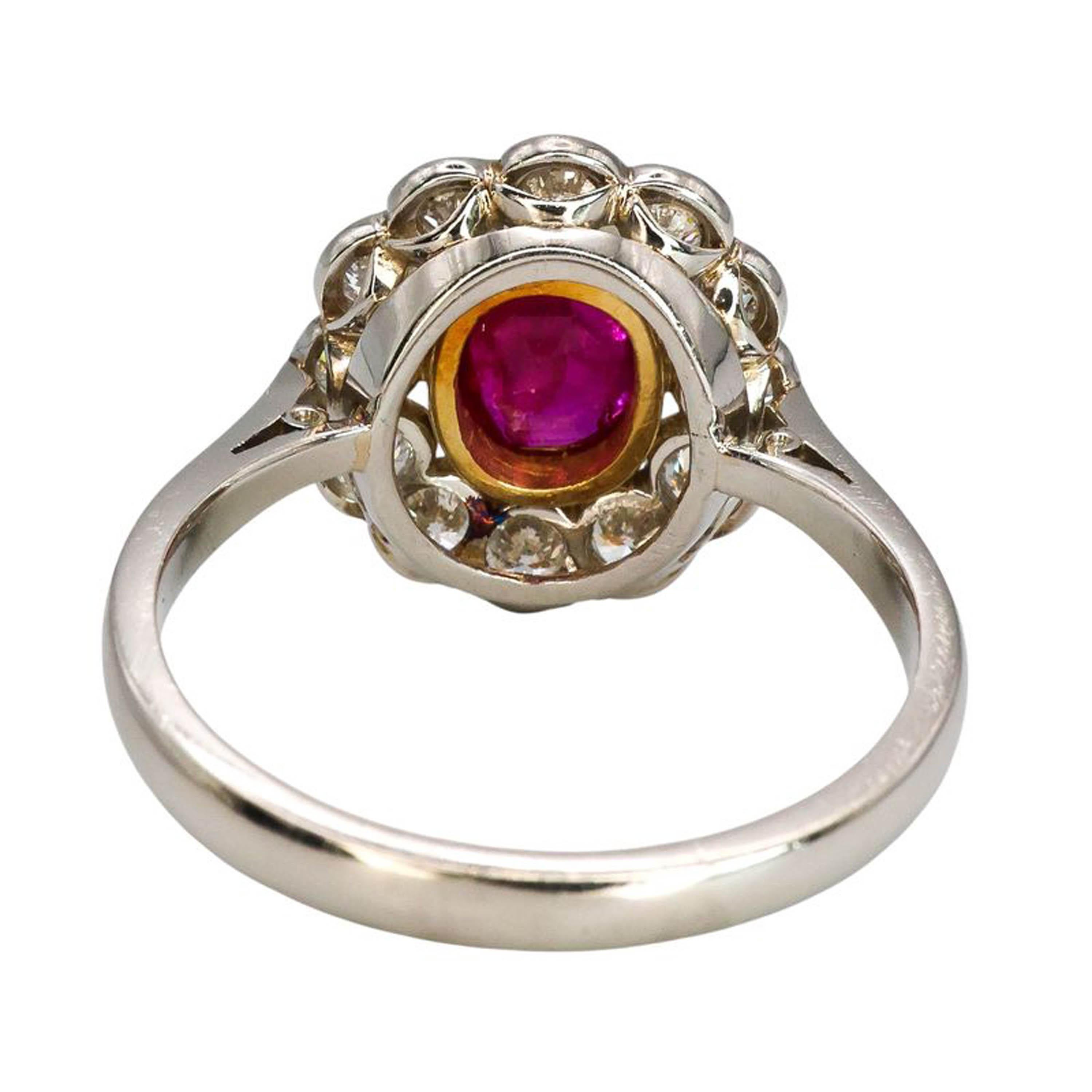Women's Burma Ruby, Diamond and Platinum Cluster Ring, 0.97 Carats For Sale