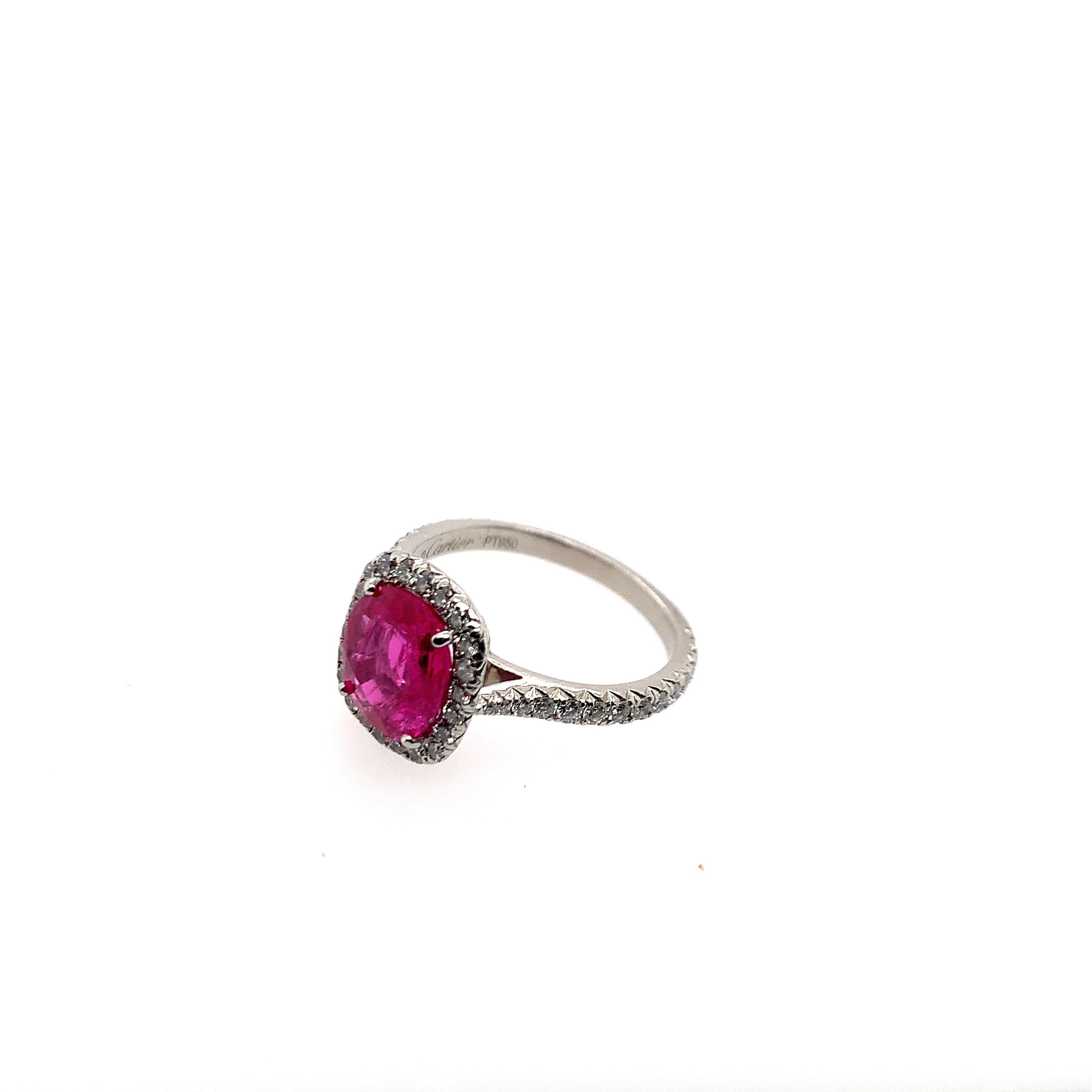 Set with an oval-cut ruby weighing approximately 1.65 carats, the frame and shoulders accented by round diamonds, in 18k white gold, size 5 3/4
With report 5211472392 dated 19 February 2021 from AGL laboratory, stating natural ruby. Geographic