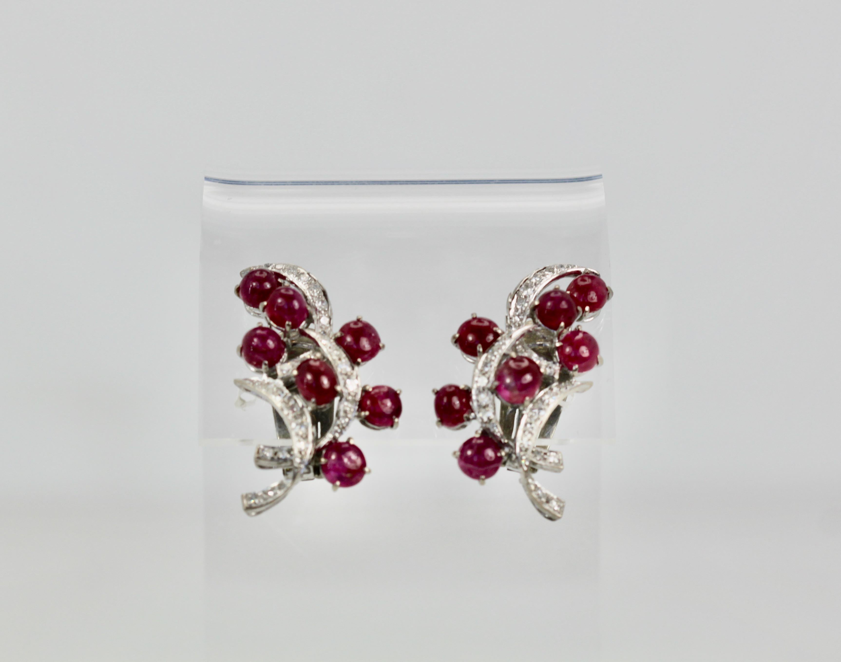 Cabochon Burma Ruby Diamond Earrings 14k For Sale