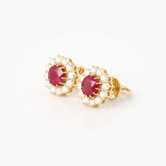 Burma Ruby Diamond Flower Earrings 18k Gold, Diamond Halo Stud Earrings