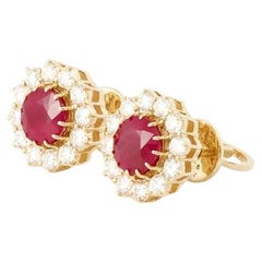 Vintage Burma Ruby Diamond Flower Earrings 18k Gold, Diamond Halo Stud Earrings