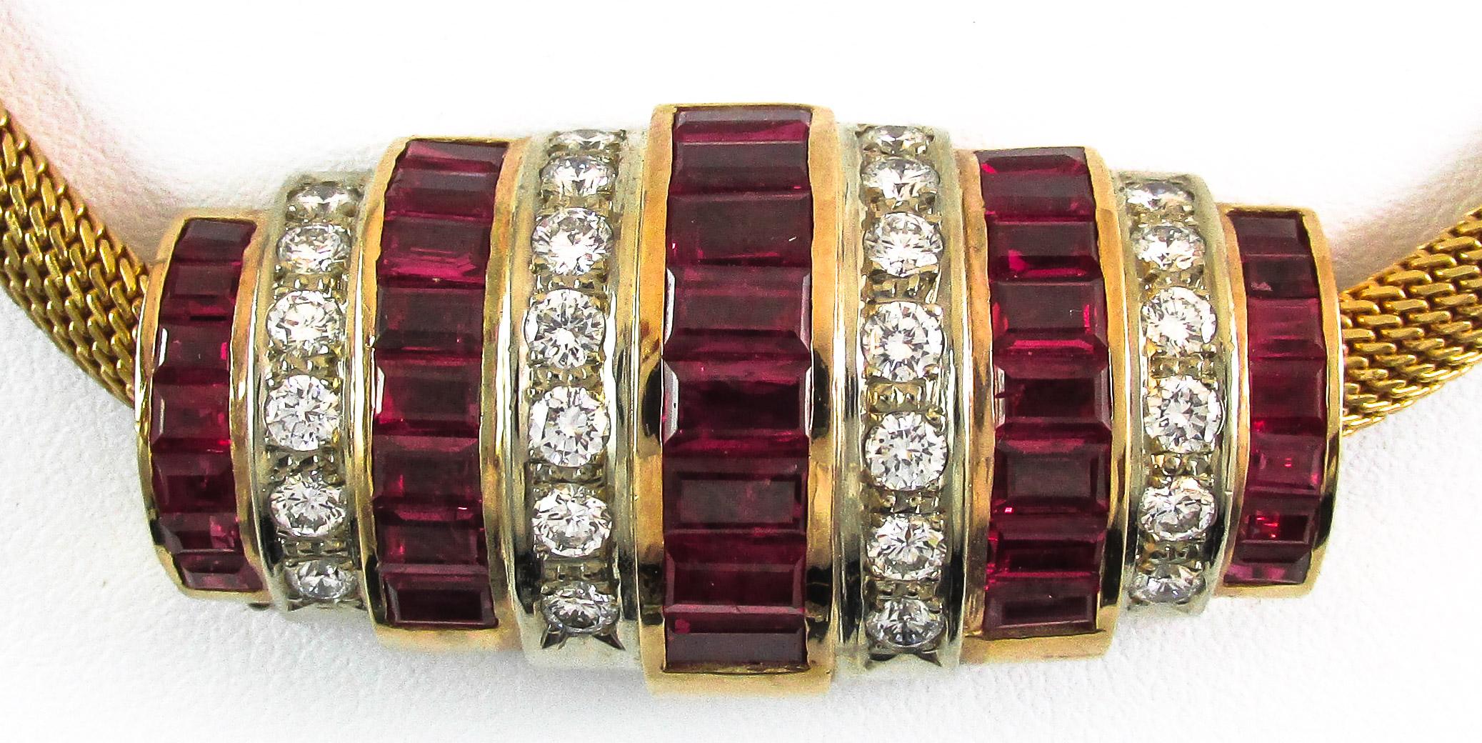 Revival Burma Ruby Diamond Gold Earring and Necklace Suite For Sale