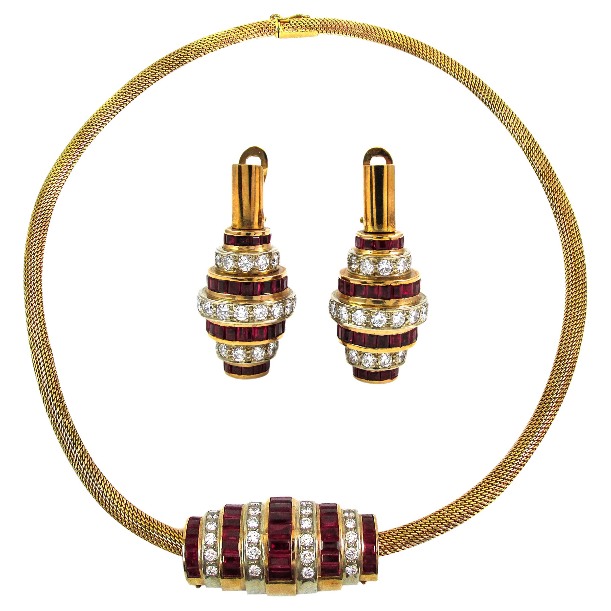 Burma Ruby Diamond Gold Earring and Necklace Suite