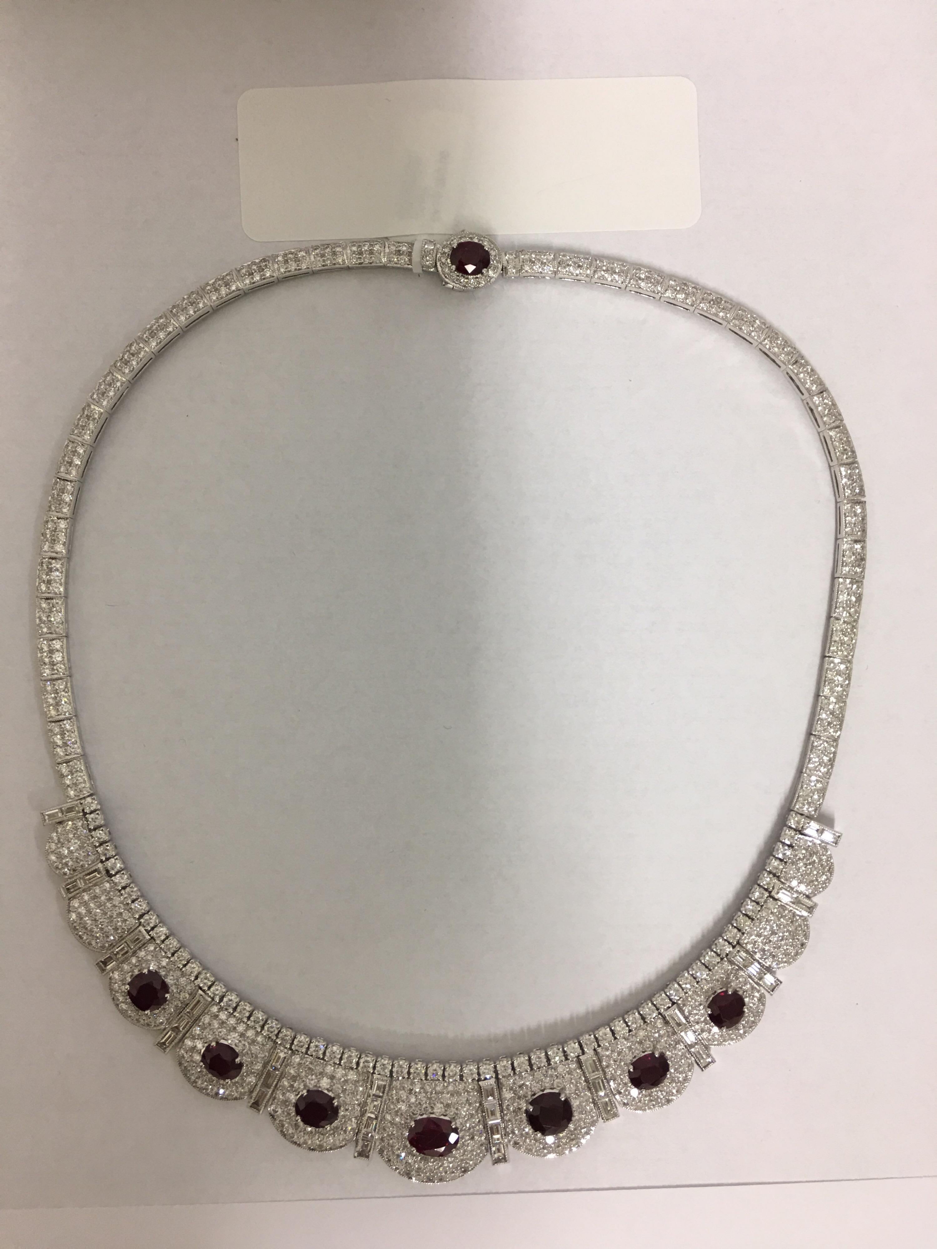 Burma Ruby Diamond Necklace Set in 18 Karat White Gold 4