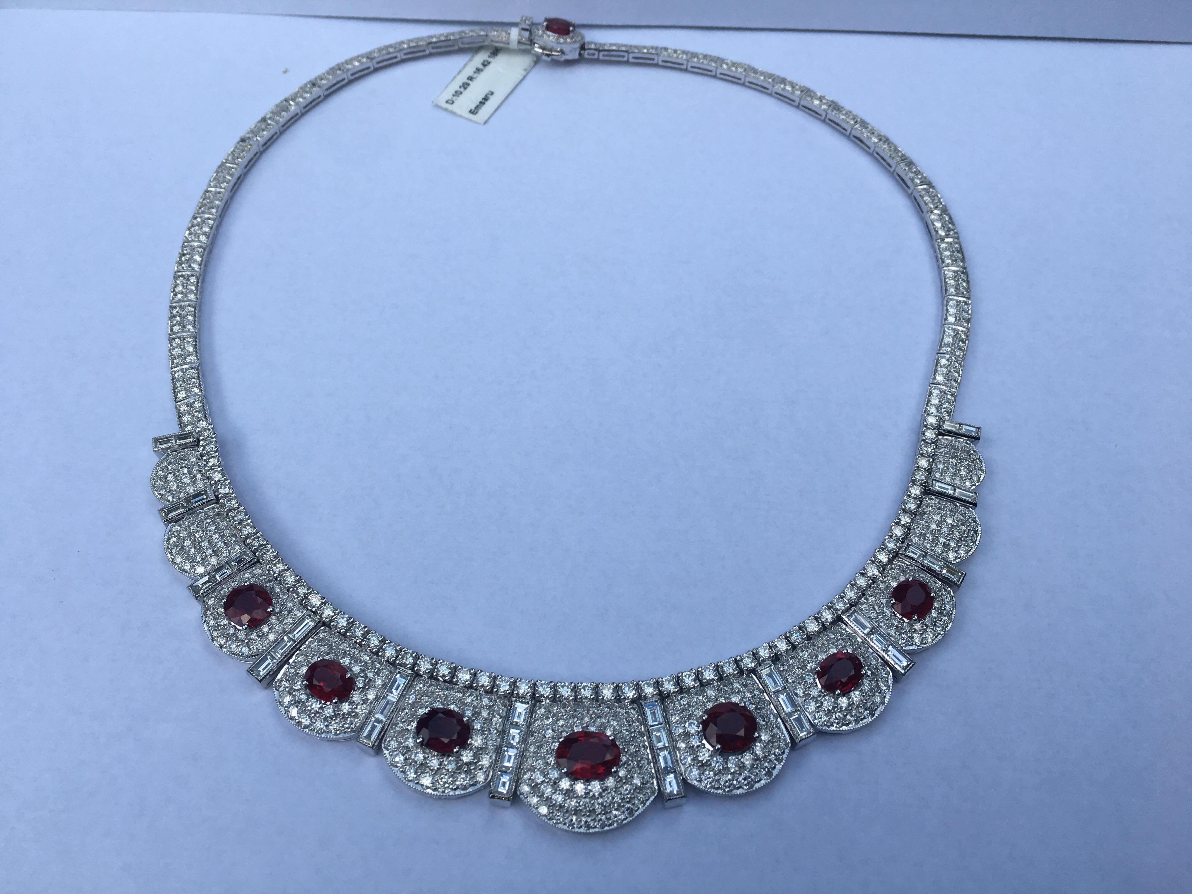 Natural Burma Ruby (Heated ) Set In 18K White Gold. Total Ruby Weight is 10.29 Carat and Total Diamond weight is 16.42 Carat. One of a kind Necklace is Hand crafted .