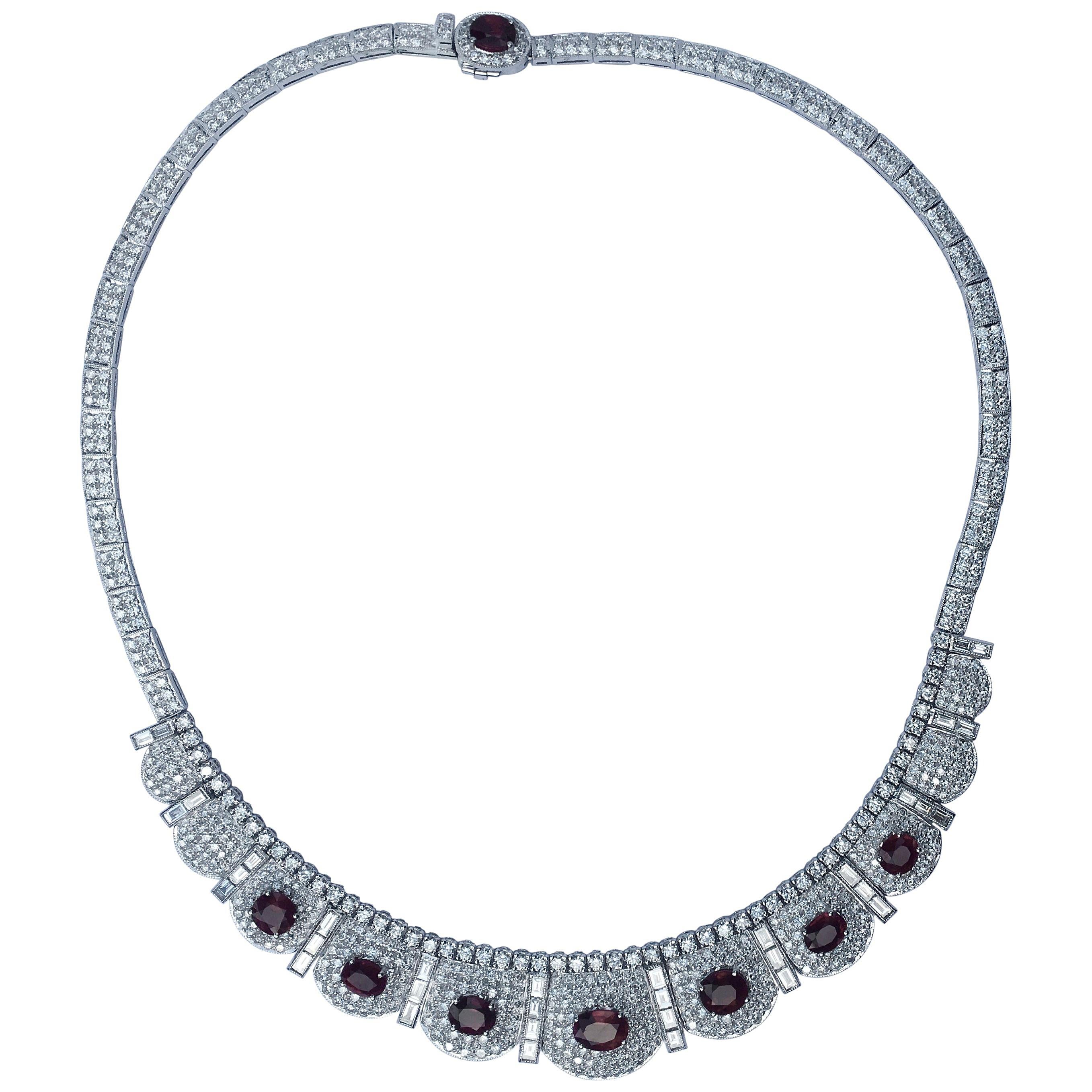 Burma Ruby Diamond Necklace Set in 18 Karat White Gold