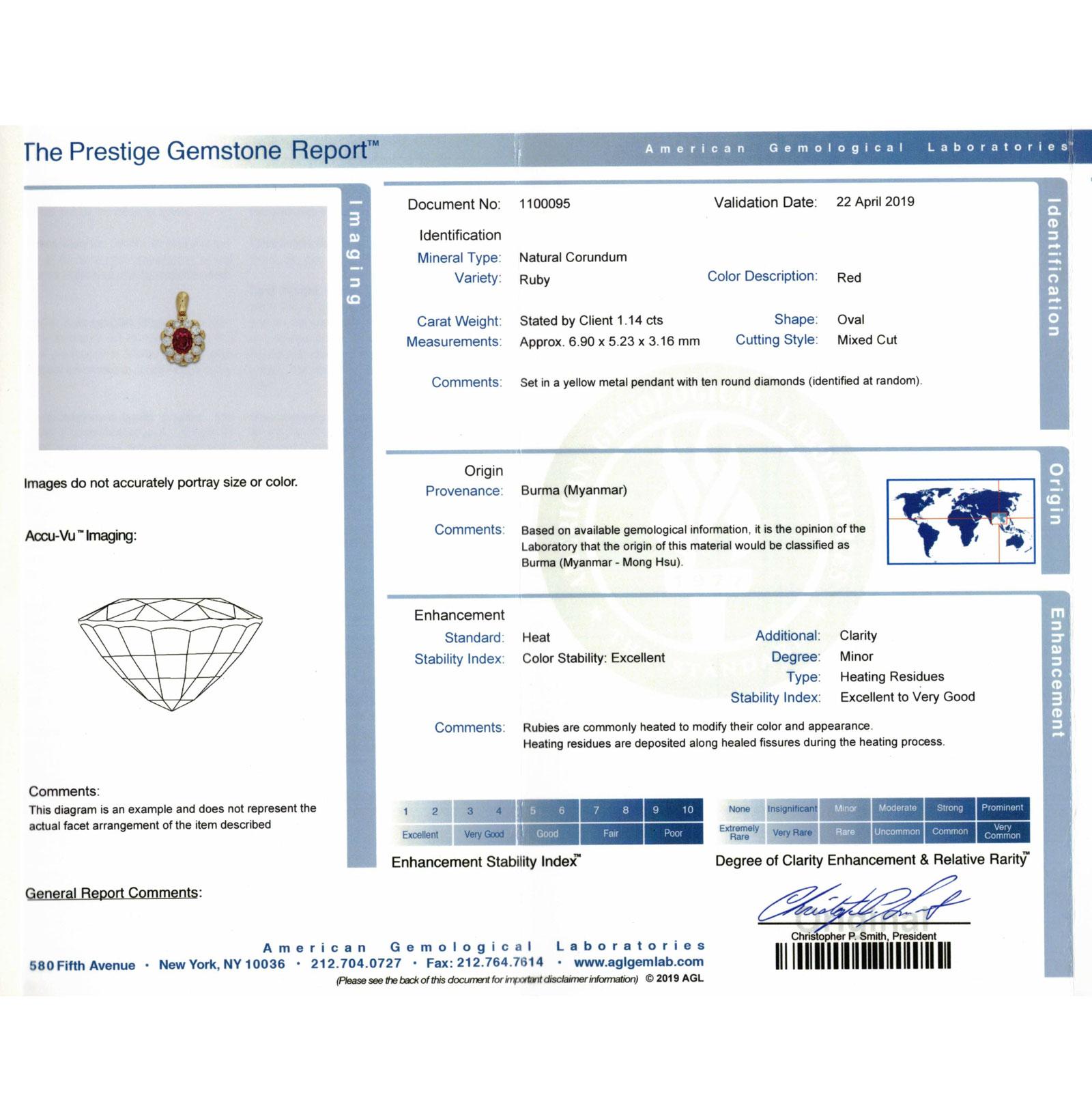 Burma Ruby Diamond Pendant Necklace 18 Karat Yellow Gold AGL Certified Ruby 1
