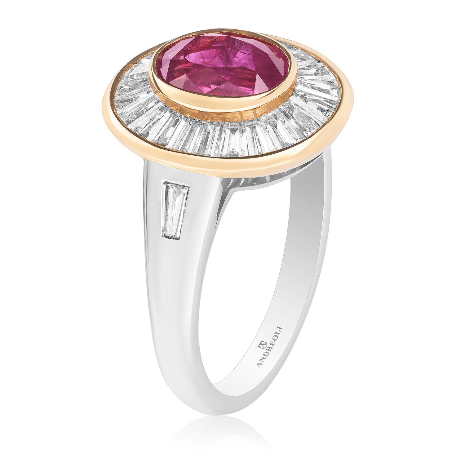 Burma Ruby Diamond Ring 18k White & Rose Gold Andreoli Certified

This Andreoli ring features an oval burma ruby center stone surrounded with step cut diamonds.

- 1.39 carat Diamond
- 2.14 carat Burma Ruby accompanied with a CDC gem report
- 5.40