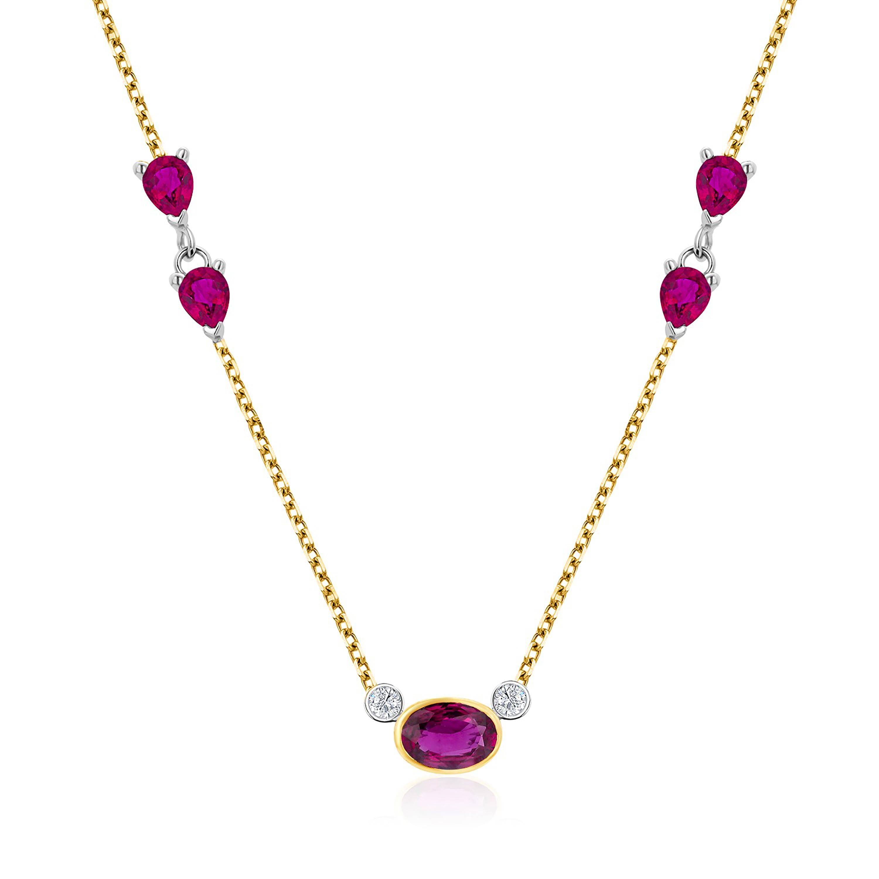 Contemporary Burma Ruby Diamonds Pear Rubies 1.80 Carat 14 Karat Gold Necklace Pendant For Sale