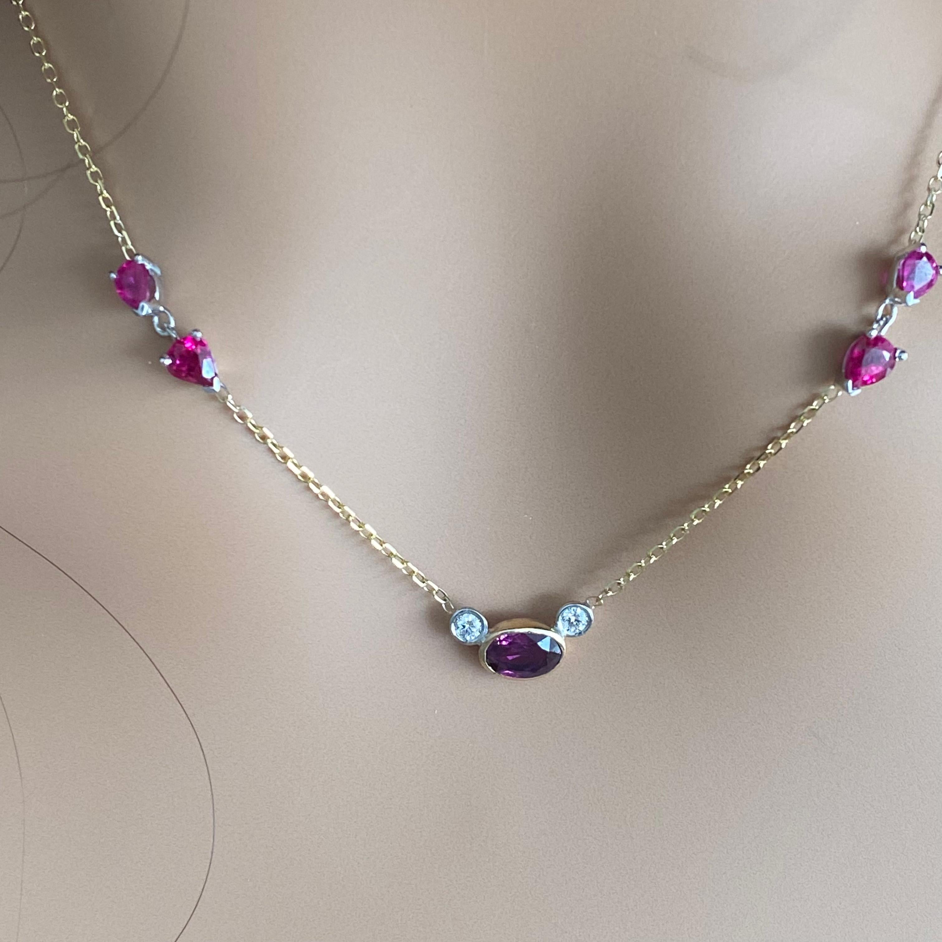Oval Cut Burma Ruby Diamonds Pear Rubies 1.80 Carat 14 Karat Gold Necklace Pendant For Sale
