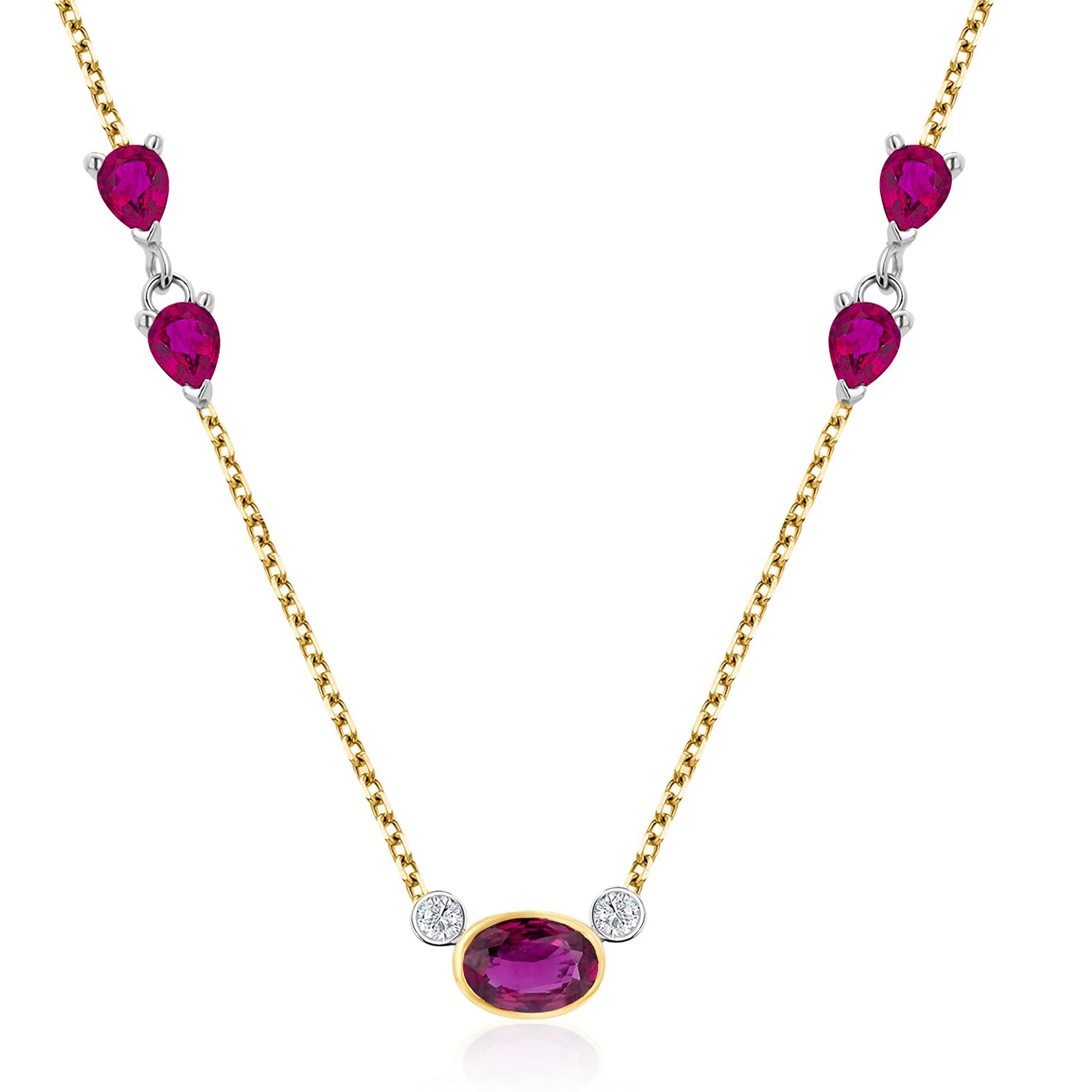 Burma Ruby Diamonds Pear Rubies 1.80 Carat 14 Karat Gold Necklace Pendant In New Condition For Sale In New York, NY