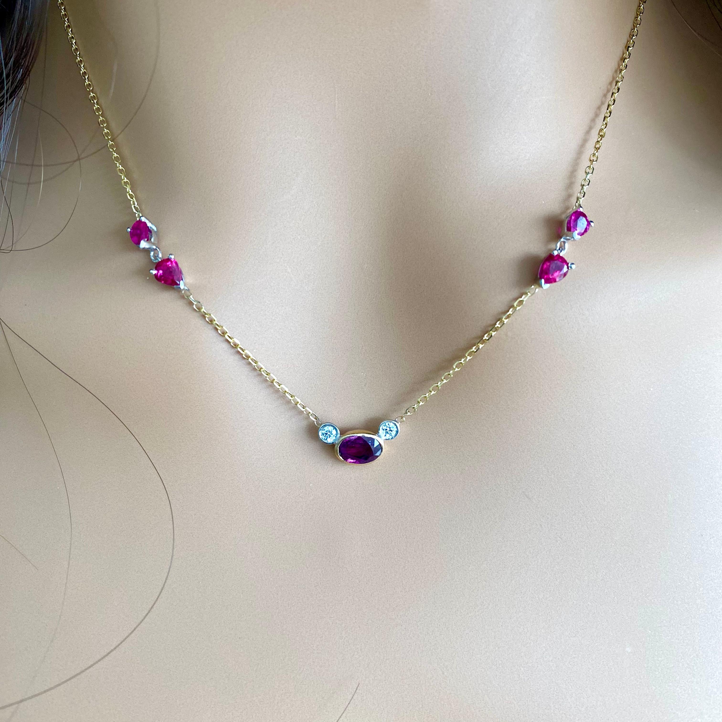 Burma Ruby Diamonds Pear Rubies 1.80 Carat 14 Karat Gold Necklace Pendant For Sale 1