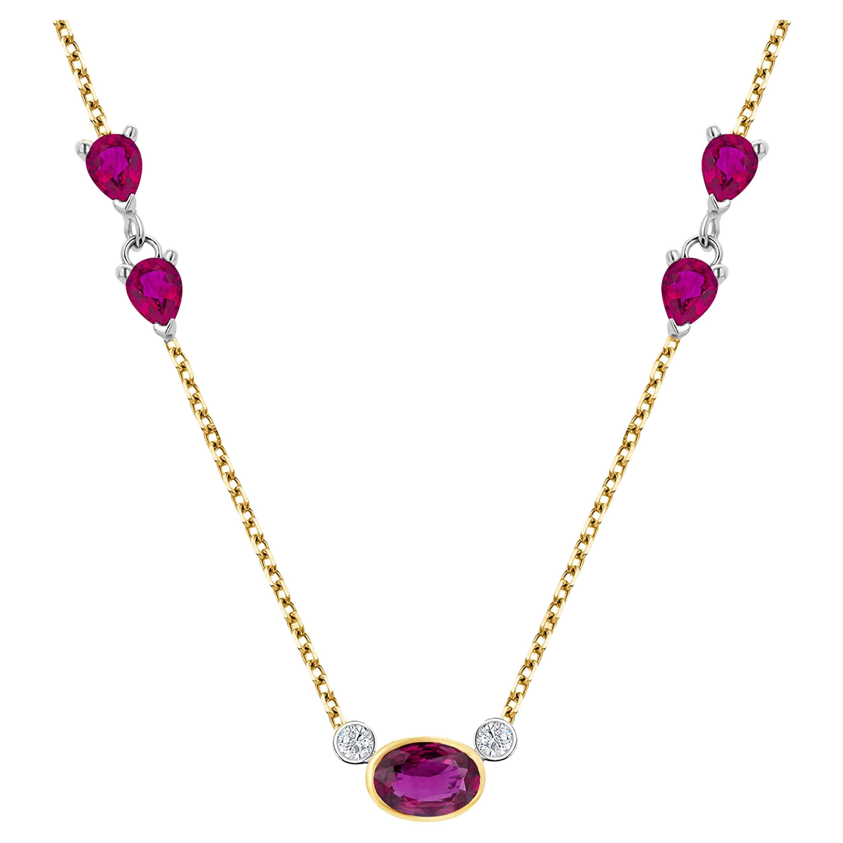 Burma Ruby Diamonds Pear Rubies 1.80 Carat Yellow White Gold Necklace Pendant