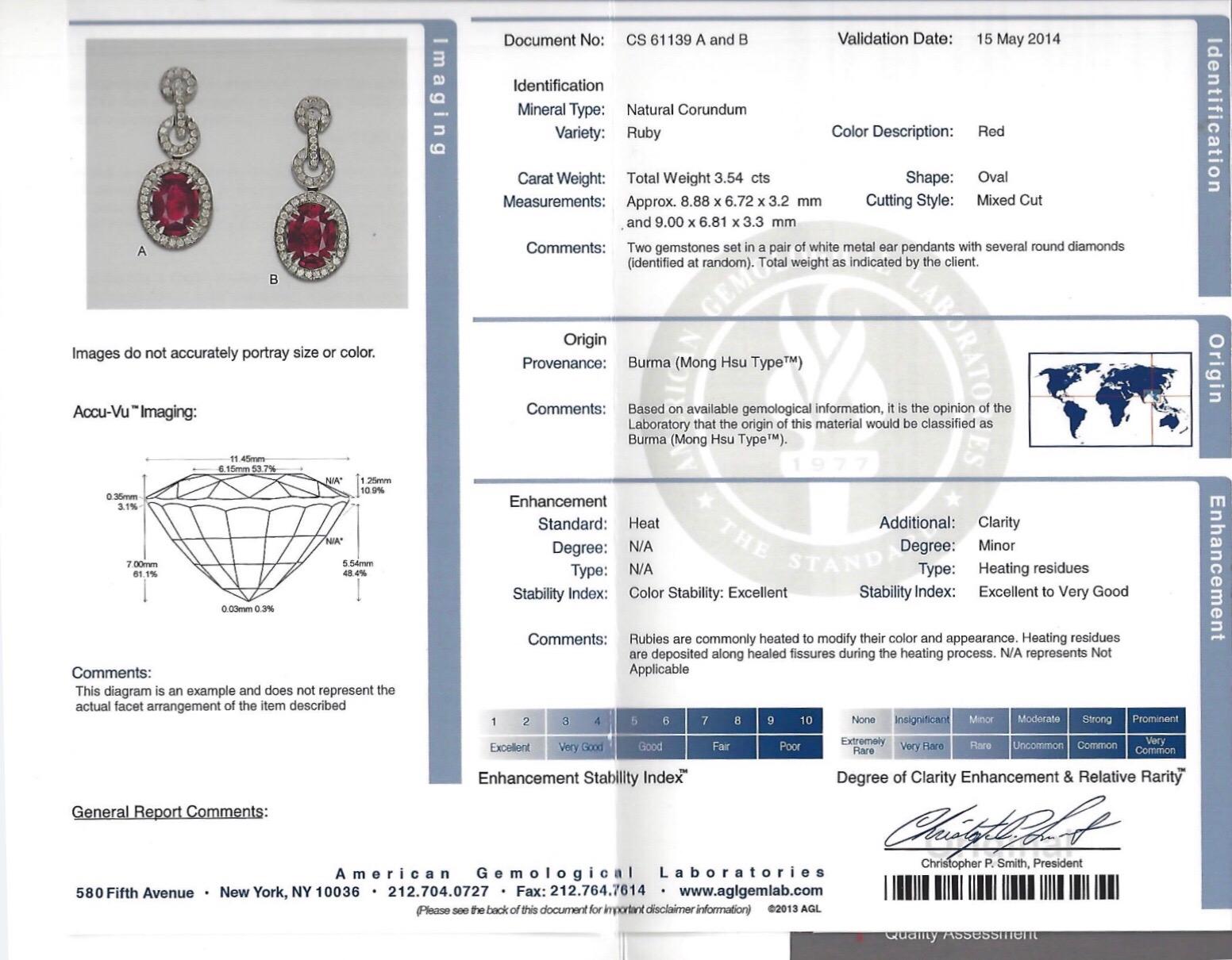 Contemporary Burma Ruby Earrings AGL Certified 3.54 Carats