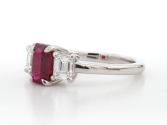 Burma Ruby Emerald Cut Three-Stone Diamond Ring in Platinum (AGL Certified)
