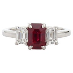 Burma Ruby Emerald Cut Three-Stone Diamond Ring in Platinum (AGL Certified)