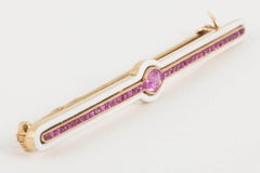 Bar Brooch 14 Karat Gold with Burma Rubies & White Enamel, Russian circa 1910