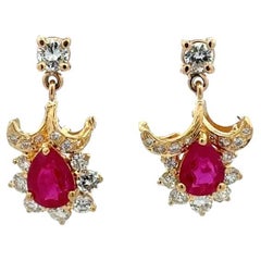 Pendientes de gota de oro con rubí de Birmania GIA y diamantes