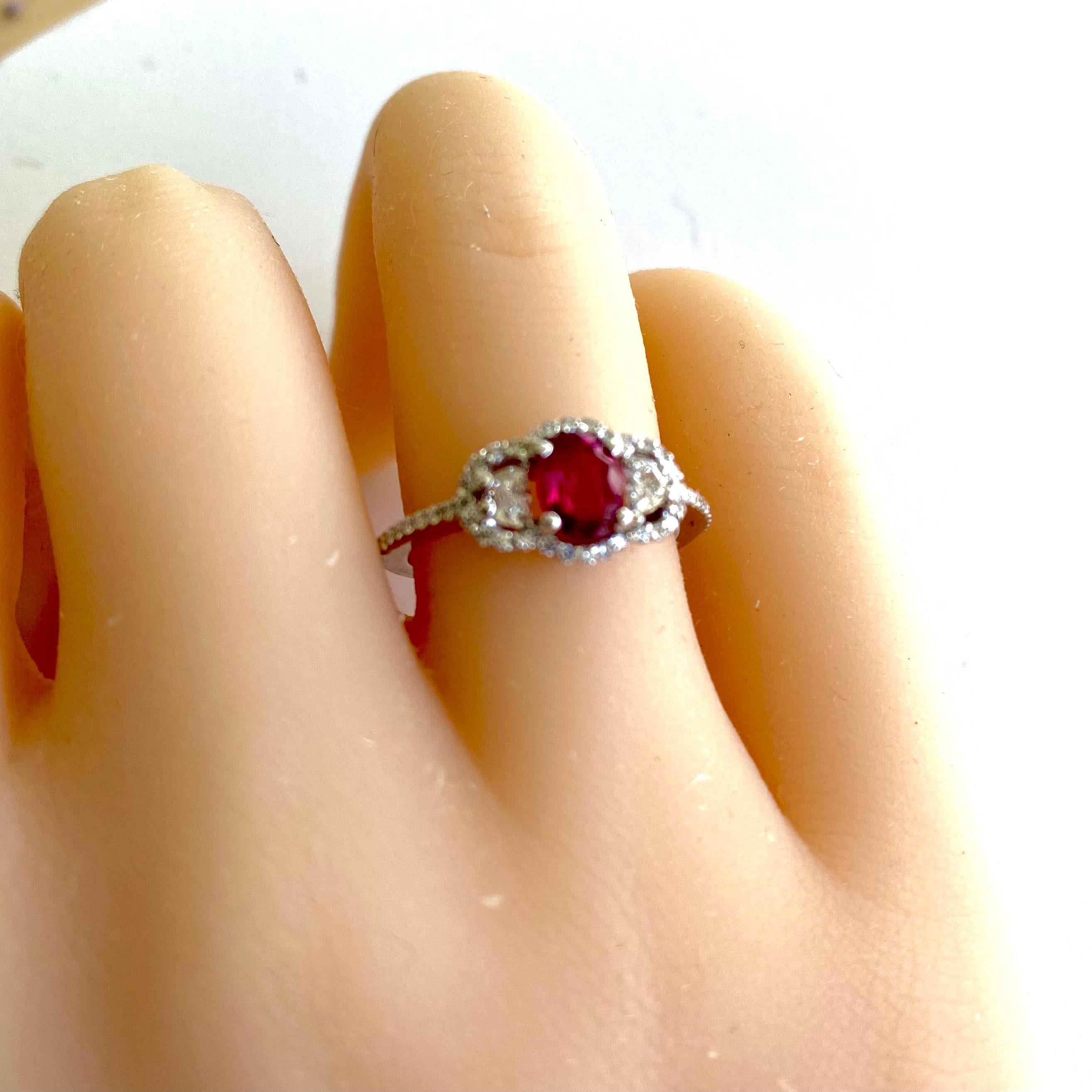 Contemporary Oval Burma Ruby Half Moon Diamonds 2.20 Carat Eighteen Karat White Gold Ring  For Sale