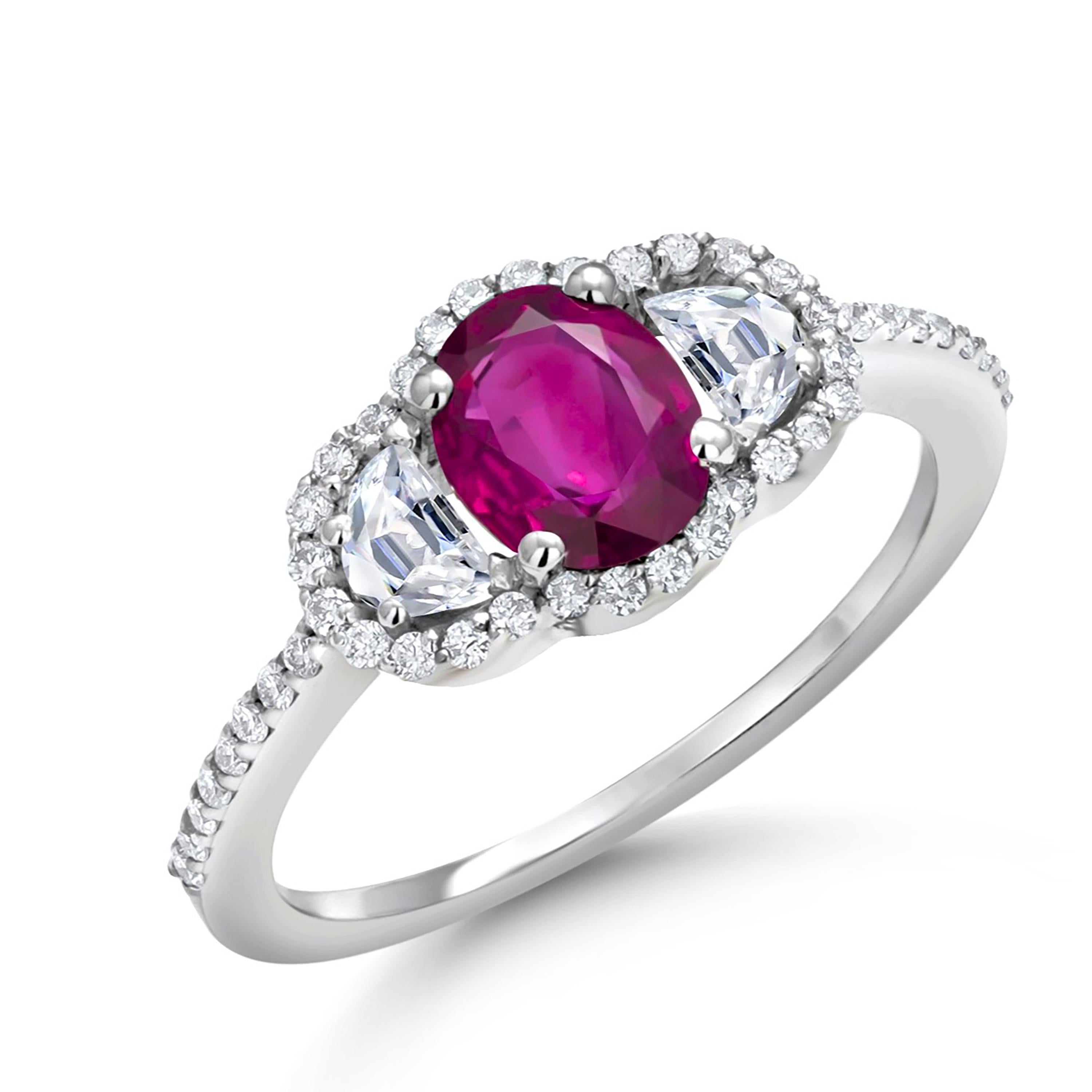 Oval Burma Ruby Half Moon Diamonds 2.20 Carat Eighteen Karat White Gold Ring  In New Condition For Sale In New York, NY
